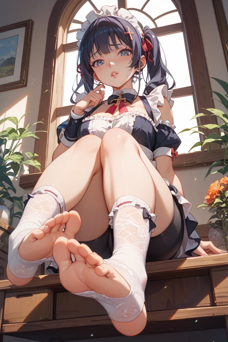 The nurse lies on the bed with her feet together,Hands covering breasts without underwear,Lewdness,Stick out your tongue,slobber,8K,best quaity,Masterpieces,illustartion,Very refined and beautiful,RAWExtremely detailed,CG,unity,wallpaper,(fidelity,fidelity:1.37),striking,fine detail,Masterpieces,best quaity,officialart,Very detailed CG unified 8k wallpaper,Best quality,See-through underwear,Transparent panties,Tulle underwear,Tulle panties,Face the audience with both feet,Bottom of foot,You can see the soles of your feet,Dark hair,Tong,Open your legs,Lace panties,Mucus flows from panties,Semen on the feet,White underwear panties