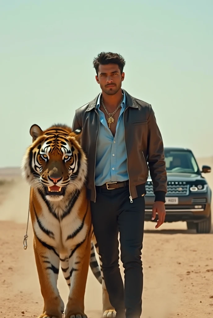 A handsome beautiful slim white skin shirtless man in the desert with two leopards