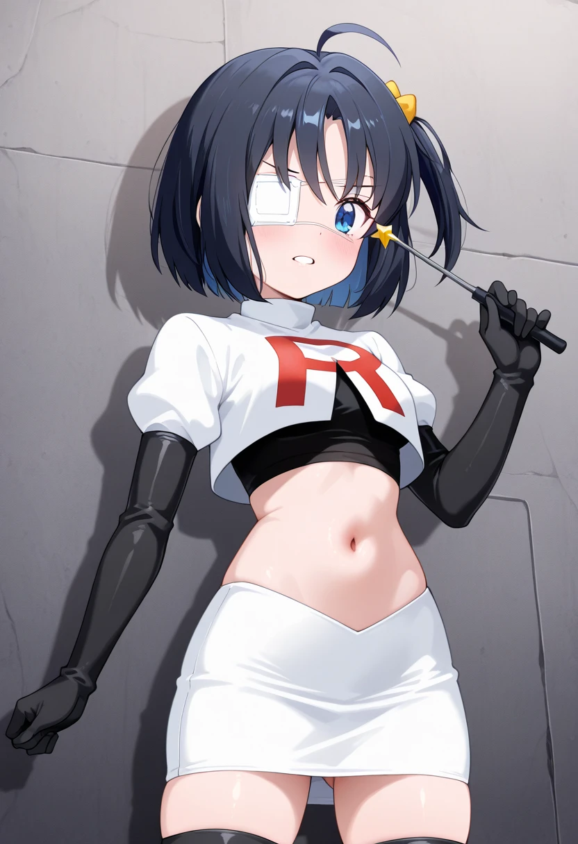 White gloves, red eyes, white jacket, white skirt, best quality, masterpiece, Highly detailed, illustration, absurdres, white military uniform, white uniform, white hat, solo, 1girl, expressionless, blank eyes, looking at viewer, emotionless, corruption, mind control, female combatant, full body, hypnotized, unhappy trance, perfect female body, extremely glossy latex, belt, hypnosis, hypnoLora, empty eyes, Mind control device, thigh high, Bleach, Quincy, thighhighs, tight miniskirt, medium breast, ciel_(tsukihime), blue hair, blue eyes, short hair, glasses