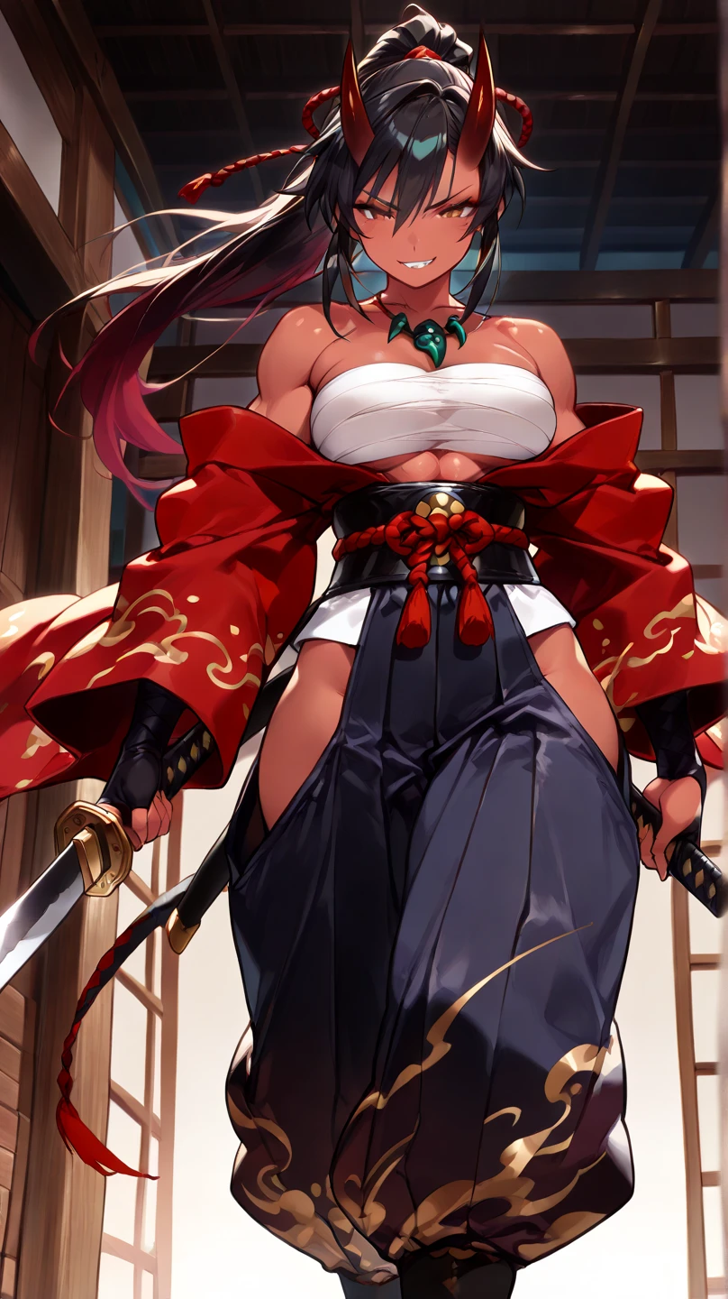 a perfect sexy girl kimono long wavy red rolled hair and wears short red kimono shows navel and tight black pants and red shoes carry a big sword filled with chopped edge