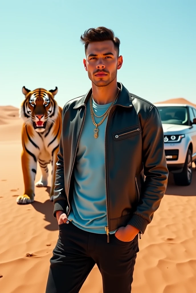 A handsome beautiful slim white skin shirtless man in the desert with two leopards