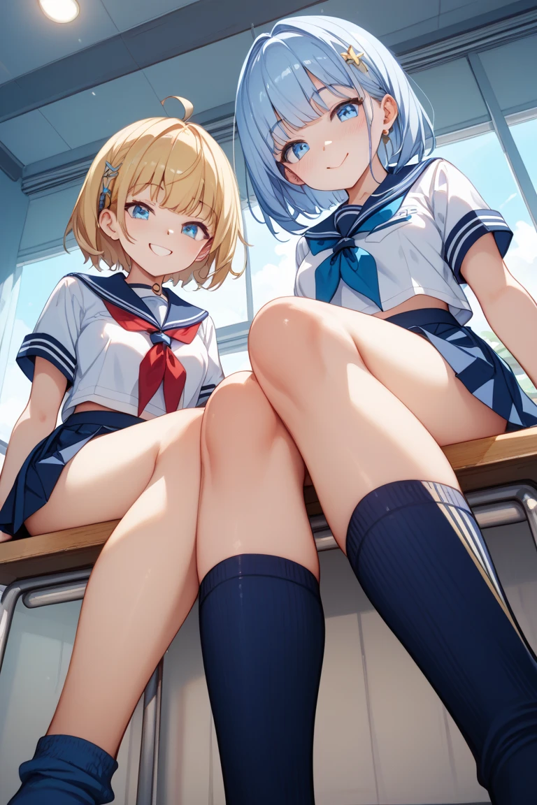 , Two teenage girls, High school student, A pair of blue hair white stockings, White hair and black stockings, Half a thigh, face, Shy cat ears, JK school uniform, On a white bed, Feet