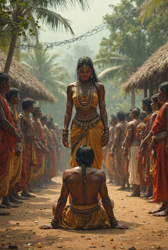 "Maria, a blonde woman, bound with rough ropes, lies unconscious on a stone sacrificial altar surrounded by scary tribal people. The tribesmen, with fierce expressions and traditional tribal attire, are gathered around her, performing a ritual. The scene is set in a dense jungle at twilight, with the large, menacing statue in the background and shadows from the setting sun creating a dramatic and tense atmosphere. Realistic, highly detailed, cinematic."