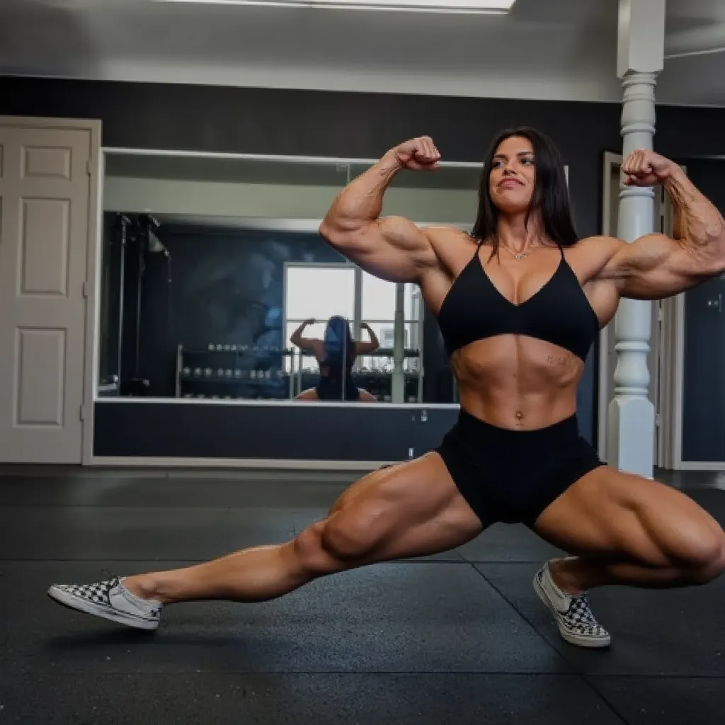 there is a woman standing in a living room holding her hair, waist reaching ponytail, muscular and exhausted woman, sweating intensely, muscular sweat lara croft, posing and flexing, distorted pose, sweating hard, an ahoge stands up on her head, sweating, taken with sony a7r camera, indoor picture, bending over, her face flushing and sweat