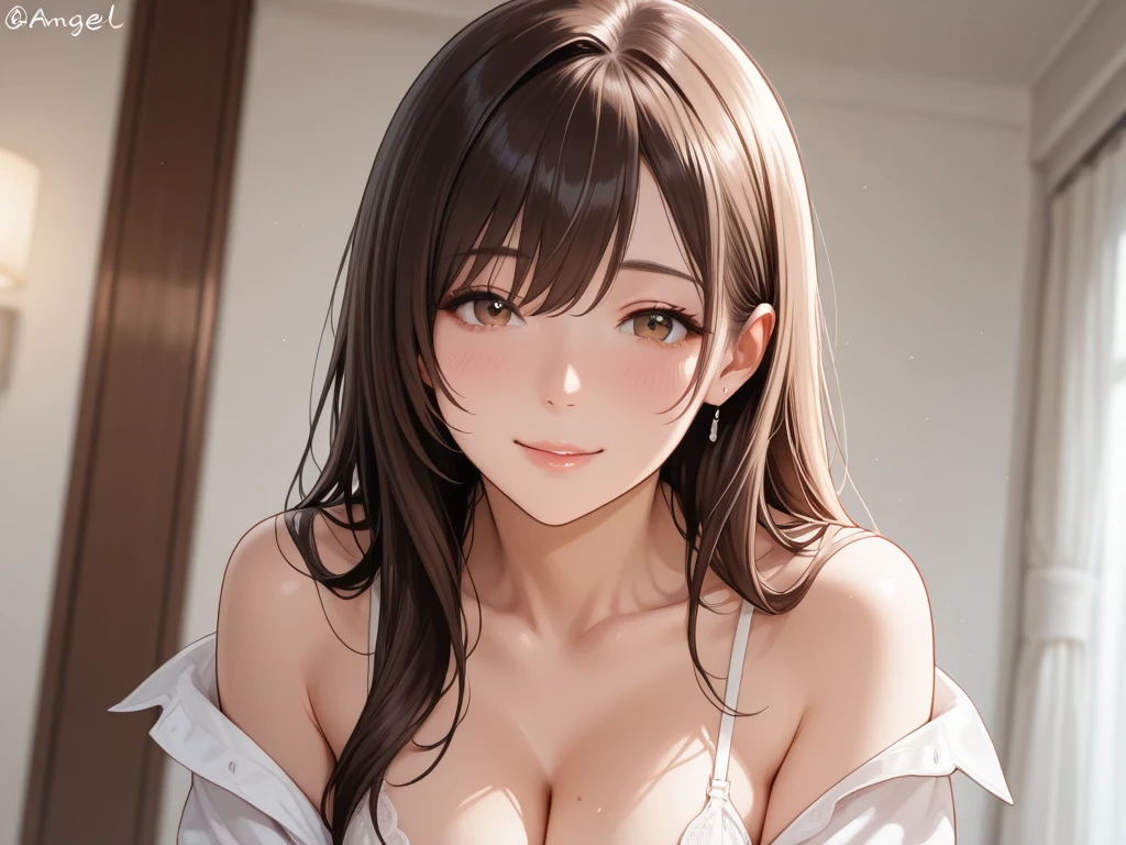 (One upper body photo), Beatiful face, Highly detailed face and skin texture, (Detailed eyes), Brown eyes, Double eyelids, Thin eyebrows, Glitter eyeliner: 1.2, Natural cheeks, Glowing skin, Fair skin, ((blouses or shirts without cleavage)), Shiny necklace and earrings, (Shiny lips: 1. 4), (Seductive smile), (20 years old), (Wavy hair, Brown hair, Diagonal bangs), Medium long hair, ((Upper body shot)), ((Focus on chest and face)), Medium large breasts, Upturned Breasts.