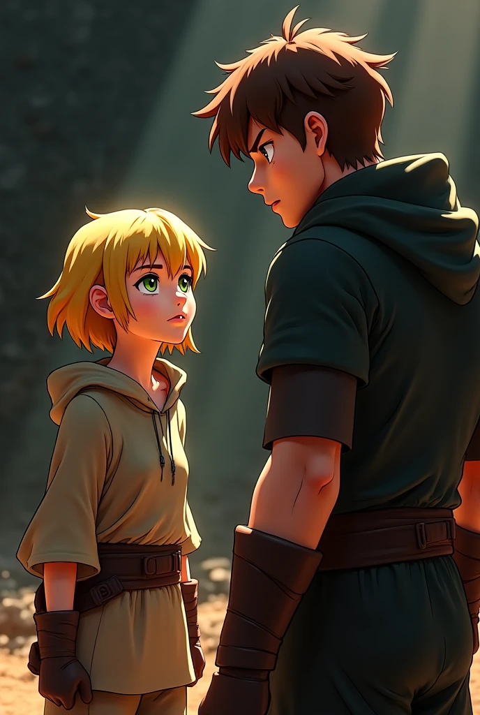 An 11-year-old slave boy in the 1500s, is portrayed with a look of anger and hatred towards society. He wears simple and torn clothes. your hair is blond , wavy and reaches the shoulders, falling out of alignment. one of the eyes is green and the other is brown. Your skin is pale and marked by scars, including a scar from a stab wound just below his left eye.The image captures the essence of her pain and resilience