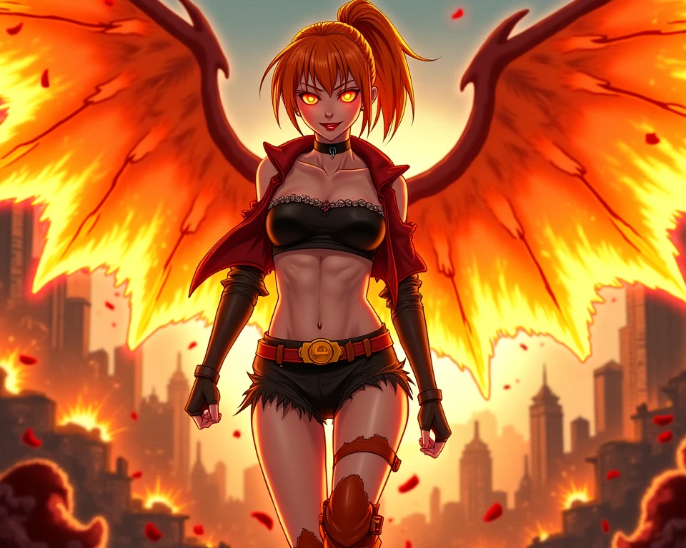 short pants, zip open, no bra, hair flying, short shirt, dynamic pose, full body,princess of flames, ,panties, dragon skin, tail dragon, wings dragon,fiery looking hair,burned clothes,