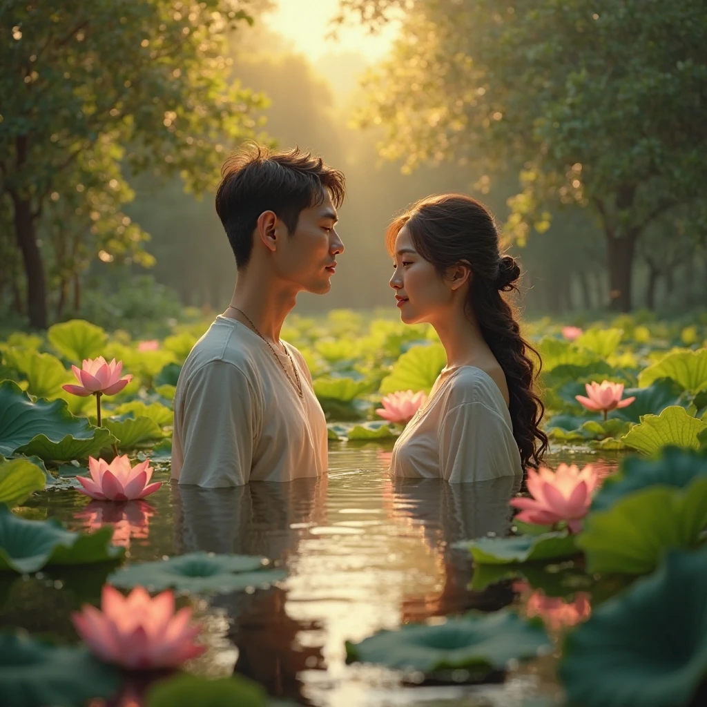 Two slim attractive Asian male teenagers with short colorful native clothes touching each other's butts while in the lotus lake in heavy rain falling with splashed