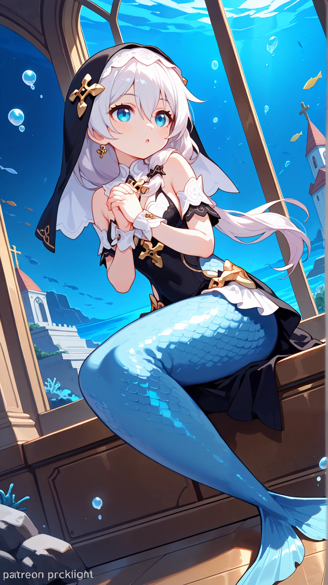 8K, best quality, theresa apocalypse (honkai impact 3rd),honkai impact 3rd, ((mermaid, white scales)), valkyrie pledge, 1girl, :o, bare shoulders, blue eyes, blush, breasts, dress, nun, nun outfit, side ponytail, female focus, hair between eyes, looking own legs, blush, parted lips, solo, wrist cuffs, curvy petite body, narrow waist, underwater, indoors, window, church, seabed, looking towards viewer, sitting, on floor, leaning forward, praying, hands praying, ocean, night, seabed, bubbles,dynamic angle, dynamic pose, underwater, bubbles, fish, little breasts, periwinkle hair, 8K, best quality ,theresa apocalypse-zj,white hair,long hair, hair between eyes, staekinglight, pcpcpc,masterpiece, best quality, very aesthetic, absurdres