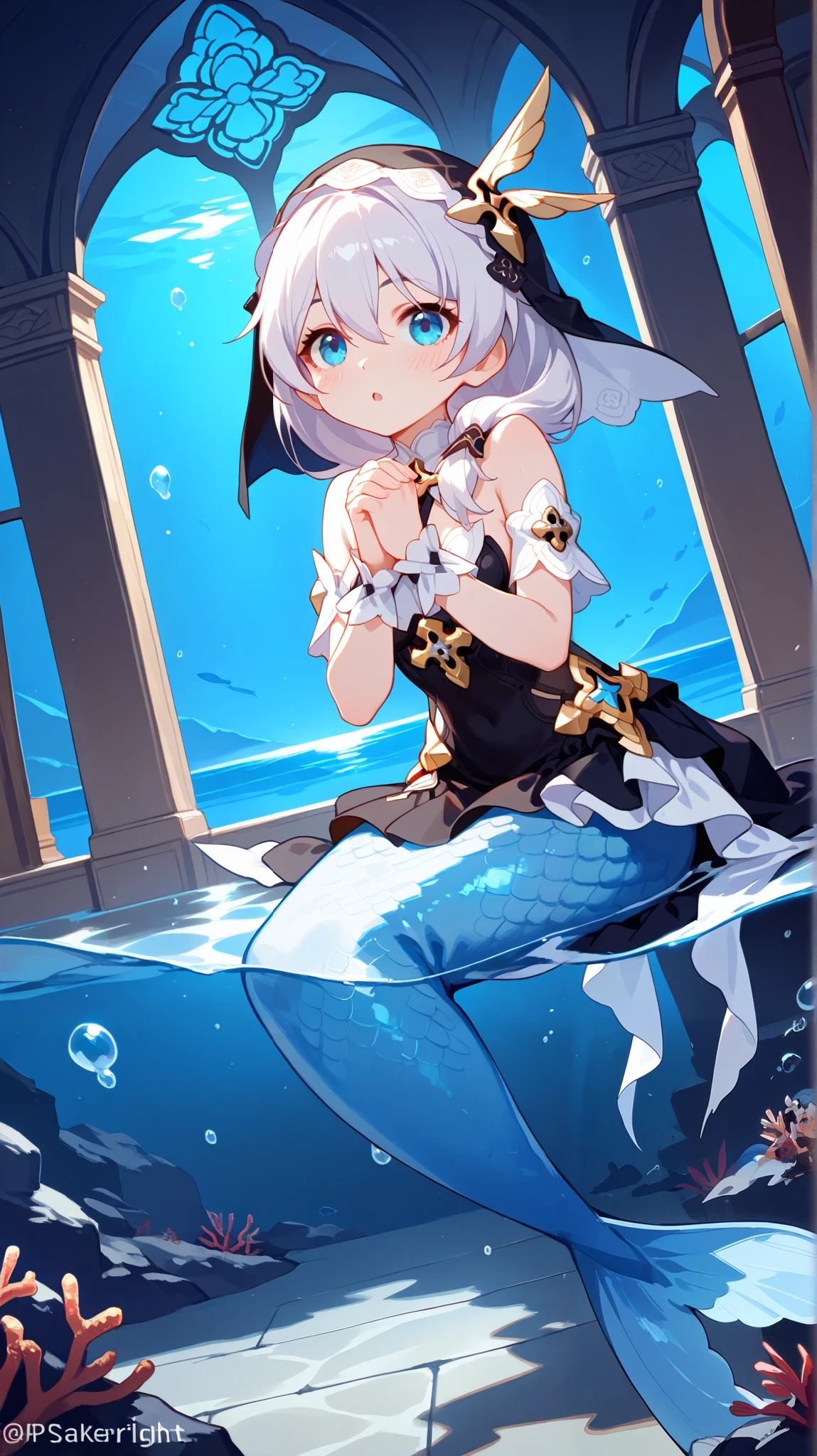 8K, best quality, theresa apocalypse (honkai impact 3rd),honkai impact 3rd, ((mermaid, white scales)), valkyrie pledge, 1girl, :o, bare shoulders, blue eyes, blush, breasts, dress, nun, nun outfit, side ponytail, female focus, hair between eyes, looking at viewer, blush, parted lips, solo, wrist cuffs, curvy petite body, narrow waist, underwater, indoors, window, church, seabed, looking towards viewer, floating, swimming, leaning forward, praying, hands praying, ocean, night, bubbles,dynamic angle, dynamic pose, underwater, bubbles, fish, little breasts, periwinkle hair, 8K, best quality ,theresa apocalypse-zj,white hair,long hair, hair between eyes, staekinglight, pcpcpc,masterpiece, best quality, very aesthetic, absurdres