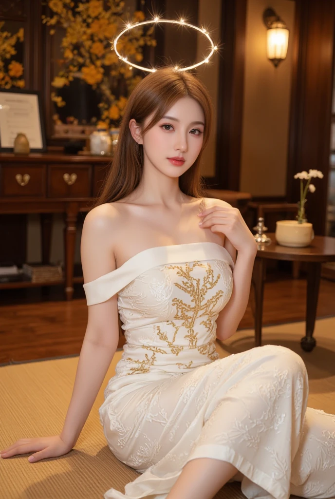 Create a high-resolution image of a beautiful woman dressed in an elegant, vintage evening gown. She is standing in a luxurious, opulent room with chandeliers and ornate decorations, evoking a sense of classic elegance and timeless beauty. The atmosphere should be warm and glamorous.
