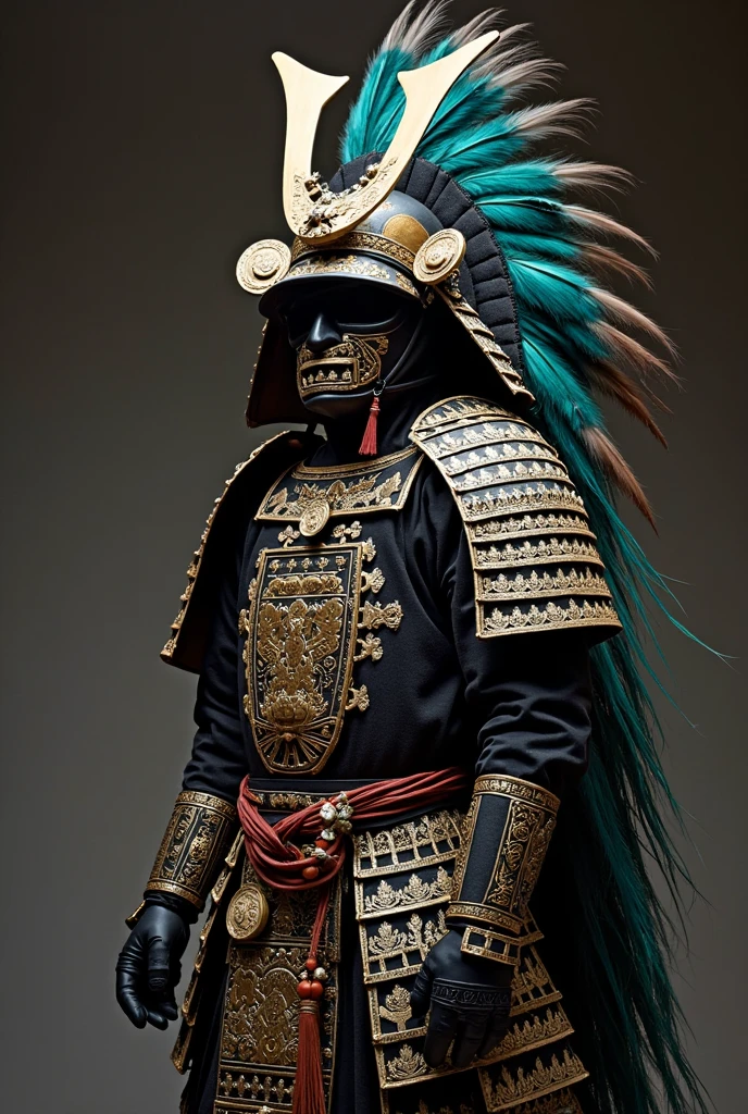 Legendary Mayan-style Samurai armor in black with quetzal feathers