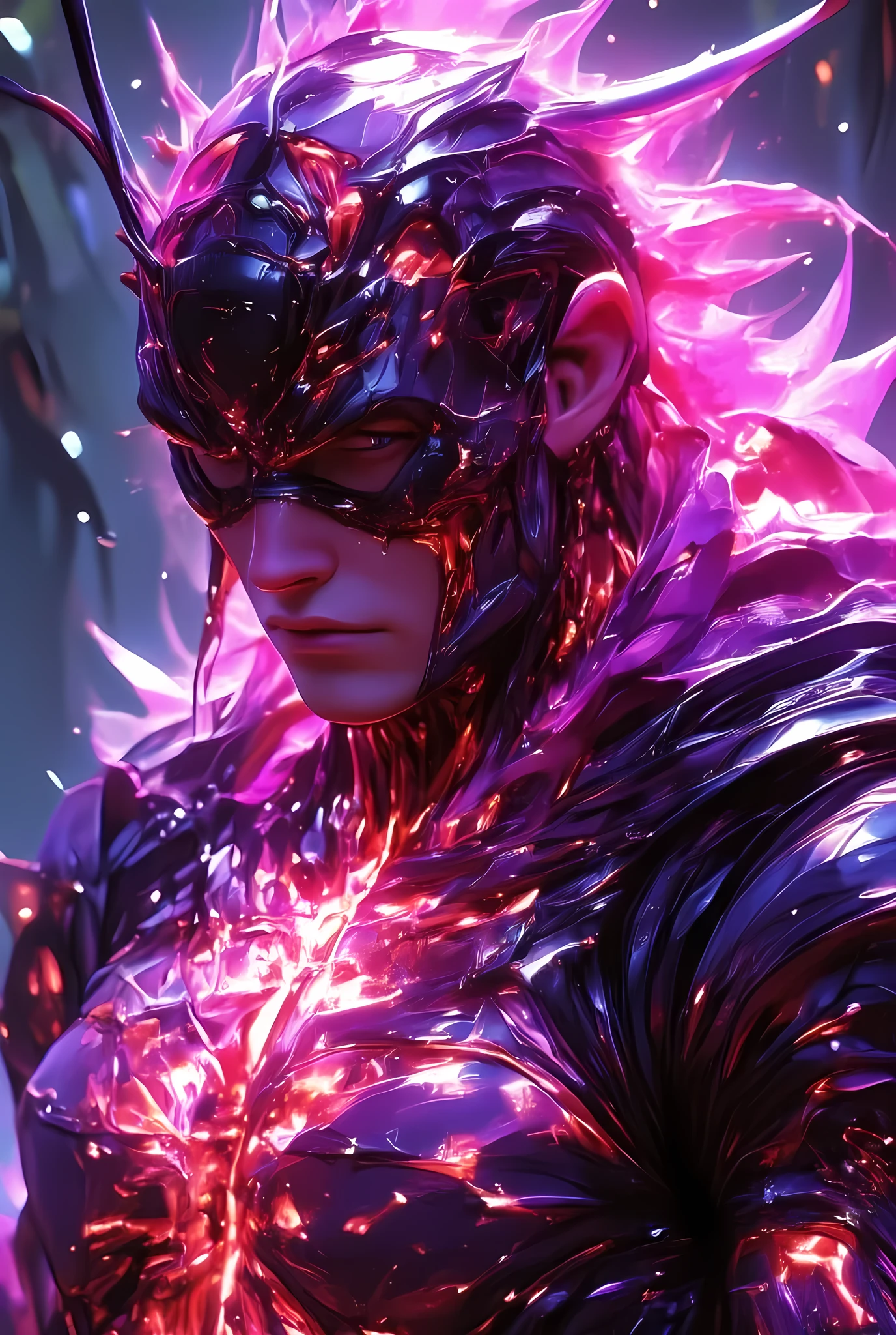 Score_9, score_8_up, score_7_up, (((intricate design))) (((professional portrait photography))) (((clear focus))) (((32k UHD Resolution))) (((photorealistic))) (((hyper-detail))) (((masterpiece))), ultra-realistic, Unreal Engine Rendering, Octane Rendering, Global illumination, beautiful landscapes, epic landscapes, expressive eyes, perfect face, mesmerizing eyes, perfectly detailed anatomy, low contrast, (((Volumetric lighting))) (((cinematic lighting))) (((1male))) ((tall muscular man male humanoid)), bald, humanoid (((glowing pink skin))), deity, god of insects (((humanoid pink skin tone)), (((alpha male))) pink hue, powerful humanoid appearance, glowing white eyes, scales, scales. Intimidating face, strong jaw, high cheekbones, antenna ((petal pink humanoid insect)) insect humanoid, insect anatomy, abdomen, stinger, monster humanoid, A dense green forest, sunlight filtering through the high canopy, (((armor made from woven leaves and bark))) (((Cleavage)))