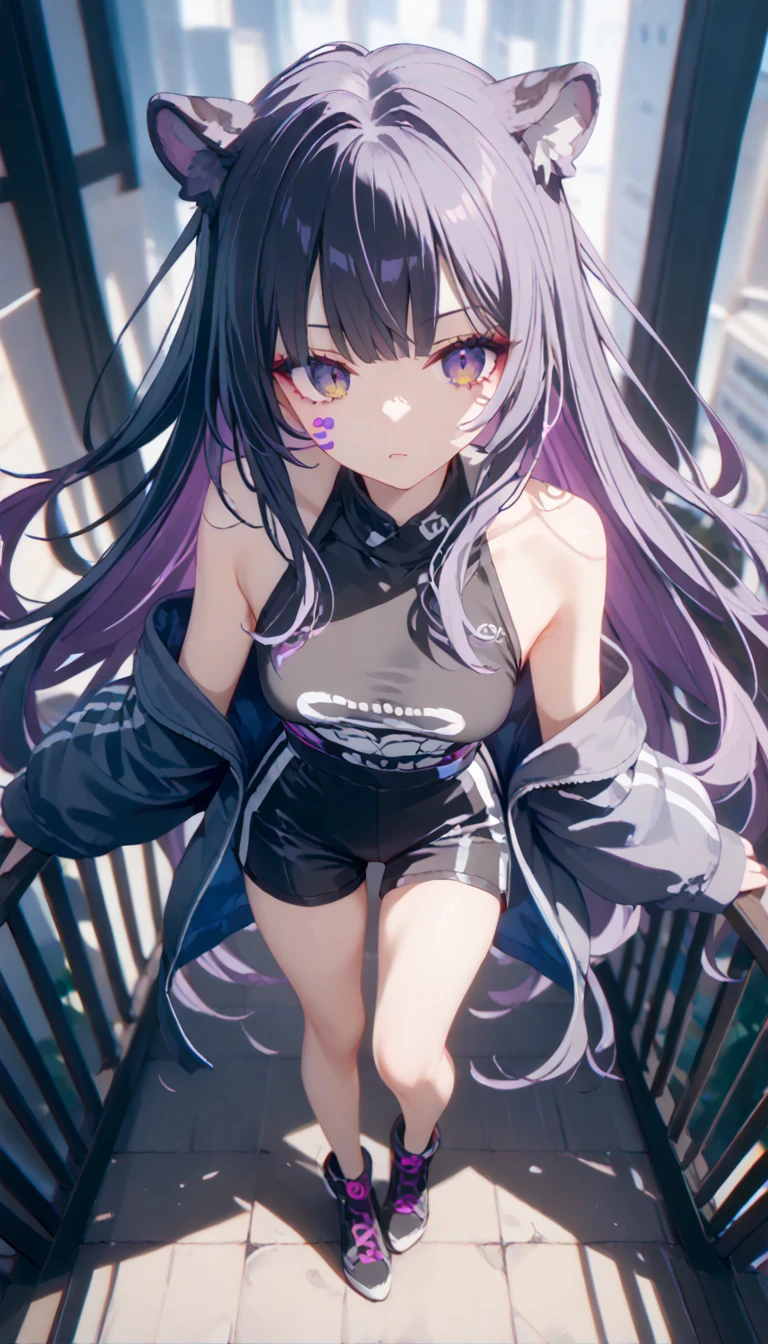 masterpiece, 8k, Highest quality, Very detailed, Purple & A beautiful girl in a blue magical robe with a moon motif、Close-up on the characters、(building, city、A dense fog of fluorescent particles、1800Era、Western style、Fiction、grow、Overwhelming、Detailed street)、A beautiful girl with a beautiful background and a super cute pose