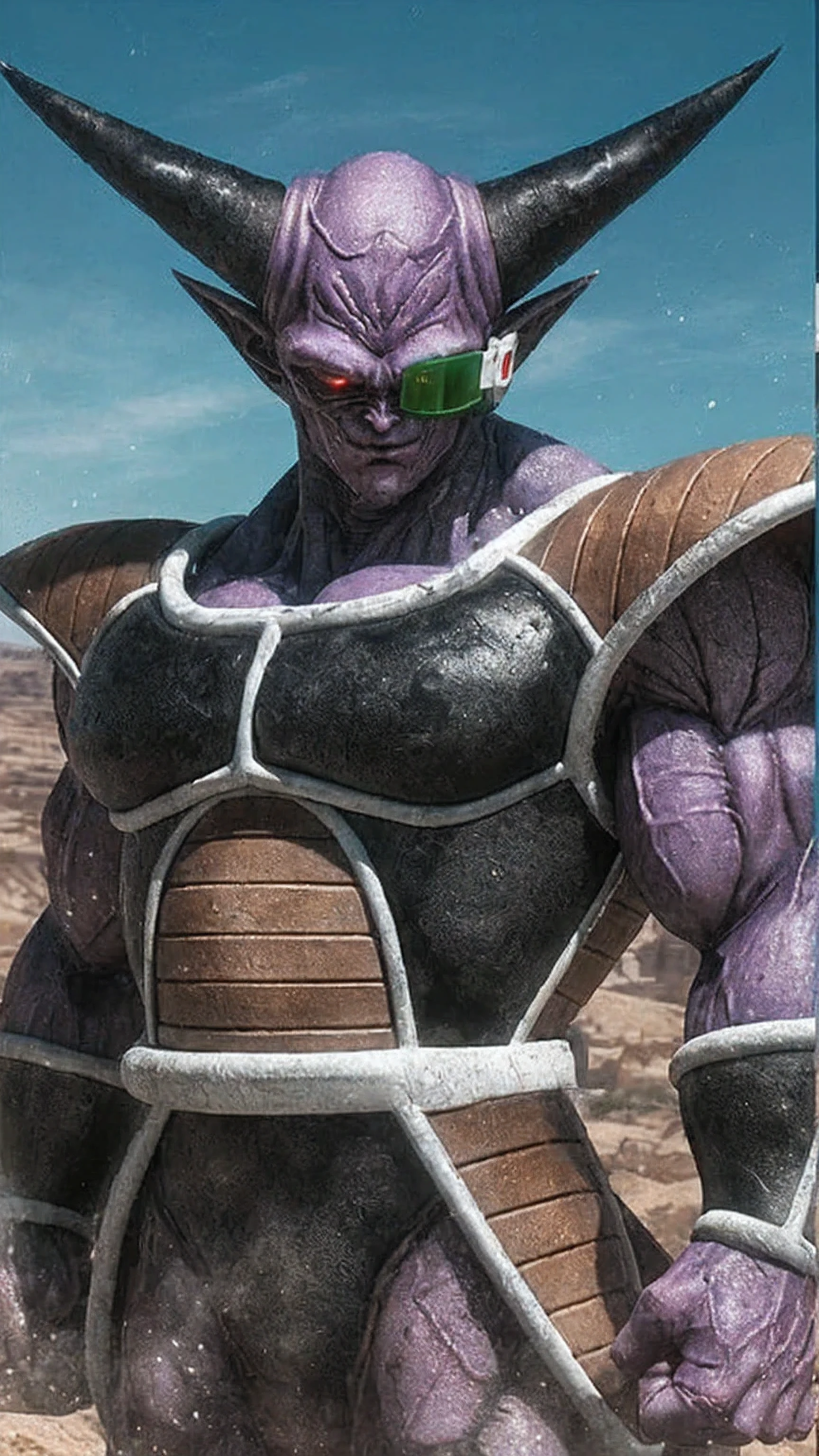zarbon, fat man, sharp teeth, wrinkled skin,male focus, 1boy, solo, light blue cape, blue skin, green hair, cowboy shot,closed mouth,  single braid,grass, purple detached sleeves, saiyan armor, blue briefs,muscular male, yellow eyes,earrings,circlet, green sky, cloud, blue thighhighs,mountain ( best quality, masterpiece,realistic, photorealistic)  
