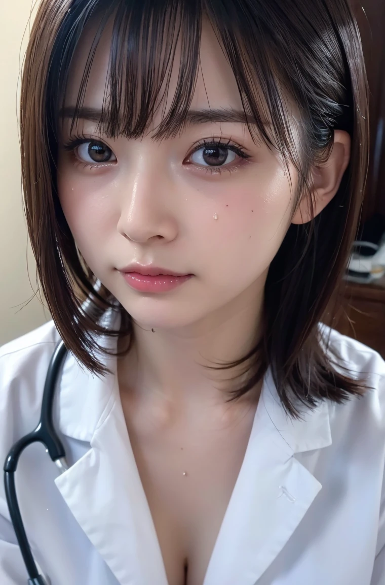 (top-quality、8K、32K、​masterpiece、nffsw:1.2)、Photo of a cute Japanese woman、女の子 1 人、(Medium short dark brown hair)、(Colossal tits)、二重まぶた、White nurse uniform、White shirt、open-shirt、hospitals、Hospital Room、The upper part of the body、A sexy