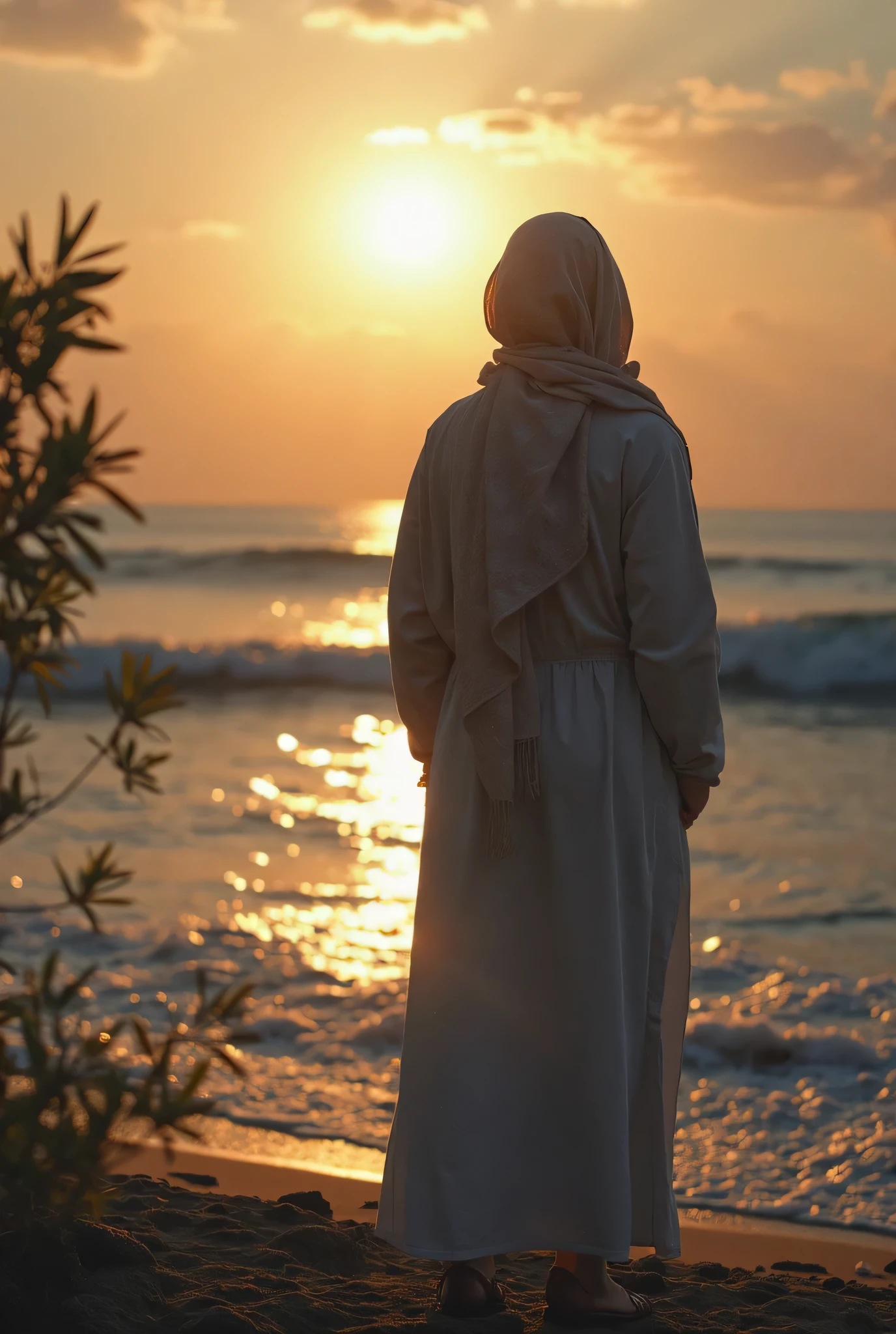 
"A highly realistic 8K image of a woman in a white hijab and flowing white dress, seen from behind, sitting alone on a deserted beach at sunset. Her slightly hunched posture conveys deep sadness as she gazes at the sun slowly sinking below the horizon. The sky is a richly detailed blend of muted oranges, pinks, and deep purples, with dark, lifelike clouds gathering in the distance, signaling an approaching storm. The waves gently lap at the shore, each ripple and reflection captured in stunning clarity, yet the sound seems distant and hollow. The soft glow of the last light of day illuminates her dress and hijab, creating a delicate contrast with the heavy, sorrowful atmosphere surrounding her. View more wide"