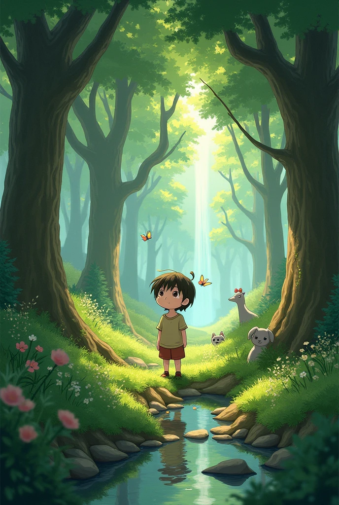 A child with hair as black as the night and eyes as gray as the moon, playing in the forest seeing animal footprints semi realistic style almost anime