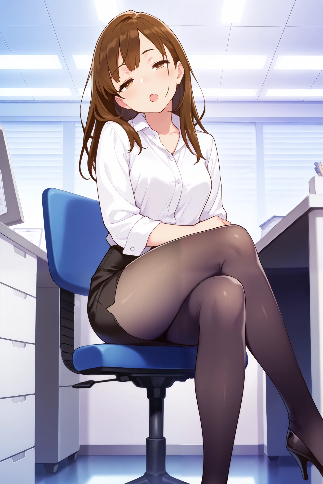 masterpiece, best quality, 1girl, {sleepy:3.0}, {tights:4.0}, {crossed eyes:0.1}, long hair, brown hair, pencil skirt, dress shirt, black legwear, open mouth,official art, head tilt, high heels, official art, anime, office, sitting, crossed legs, 180 denier, saying "I'm so sleepy"