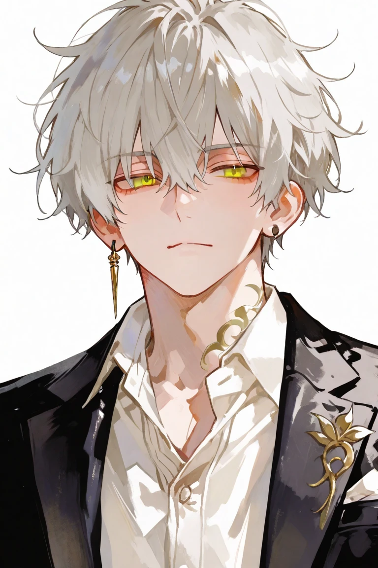 점수_9, 점수_8_위로, 점수_7_위로, Solo, Watercolor, 1 male, messy hair, short hair, silver hair, orange Eyes, wear a white formal shirt, black suit, skin, Simple earring Accessories, simple background, master piece, handsome, best quality, impasto, perfect face, adult male, full-body portraits, 