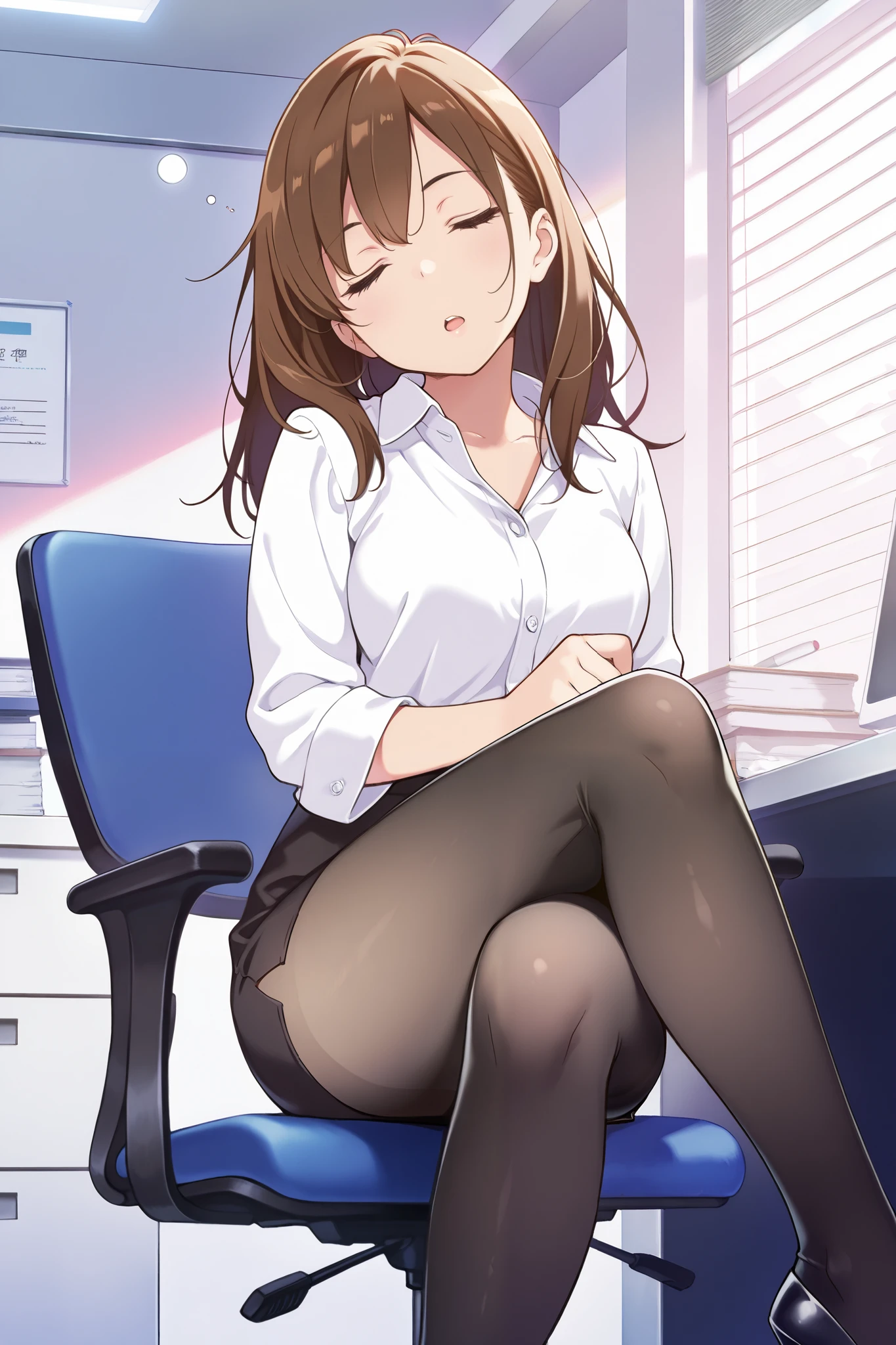 masterpiece, best quality, 1girl, {sleeping:3.0}, {tights:4.0}, {closed eyes:2.0}, long hair, brown hair, pencil skirt, dress shirt, black legwear, open mouth,official art, head tilt, high heels, official art, anime, office, sitting, crossed legs, leaning backwards