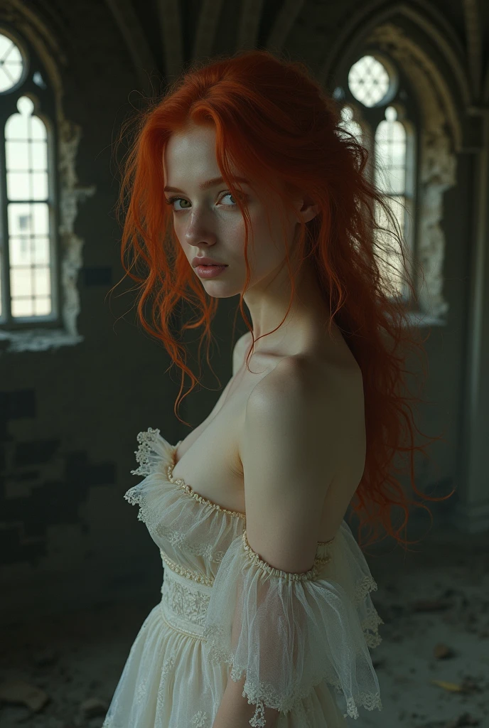 Beautiful red-haired woman with torn clothes