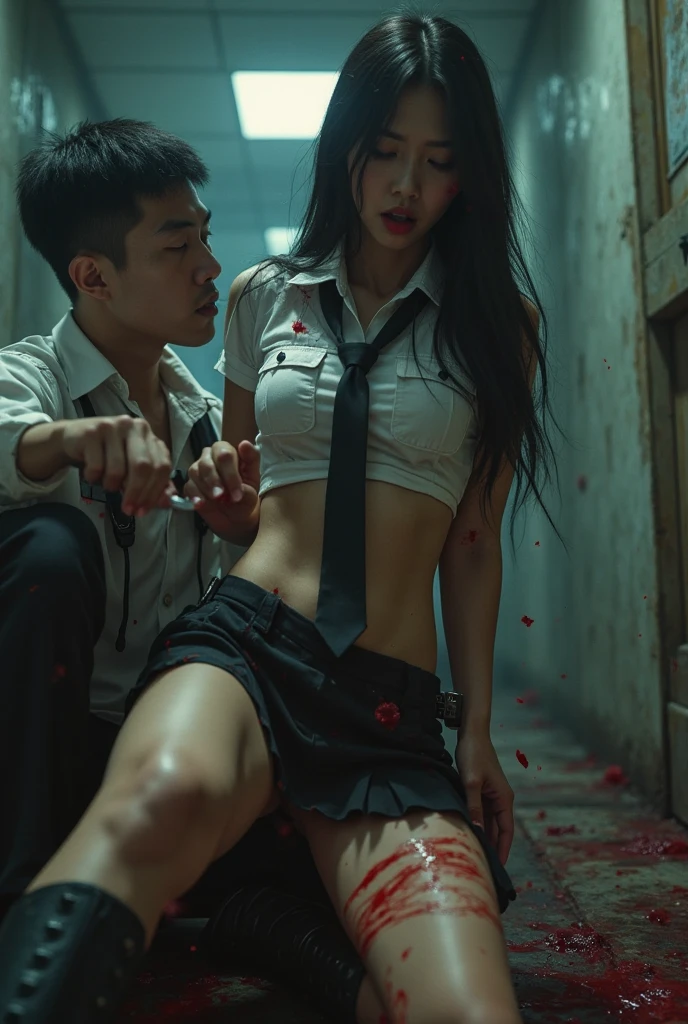 a handcuffed beautiful face teenager girl, wearing a thai university uniform, getting raped by a male in the park at night, rape, sex , forced, ((sexual intercourse with a mature man:1.8)), night, hyper detailed face, eyes close, painful face, ((crying:1.4)), (tear), fear,