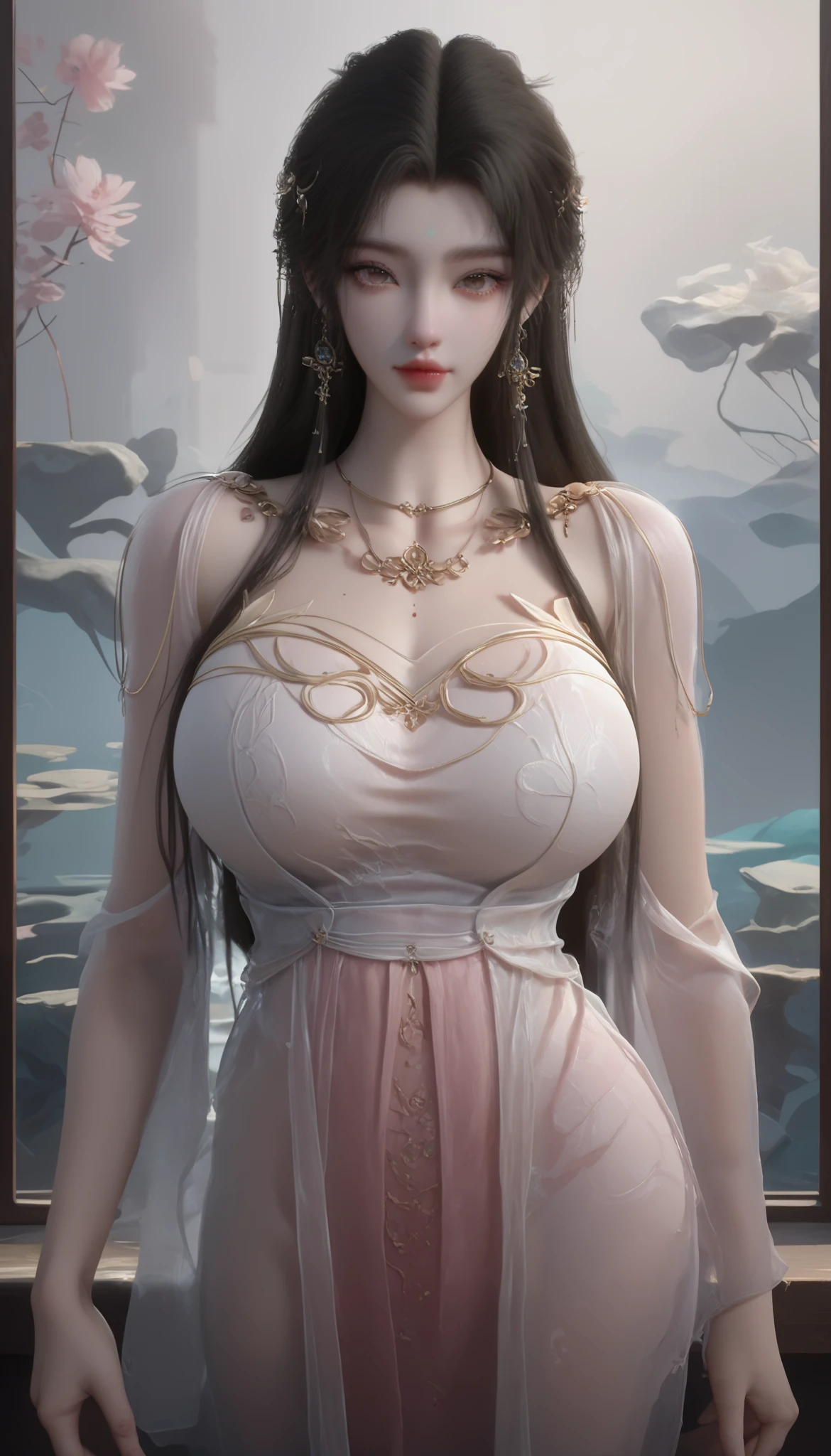 girl,solo,dress,earrings,jewelry,long hair, ancient female chinese clothes,looking at viewer , Chinese dress,brown eyes, black hair, sexy camisole, camisole like a pink see through cloth, revealing full thights and hip and venter, top quality, Masterpiece, Ultra High Resolution, High Definition RAW Color Photos , pro pics, natural skin texture, fine skin, hyperrealism, smiles,Earrings, gigantic breasts, slit dress, camisole, collarless dress