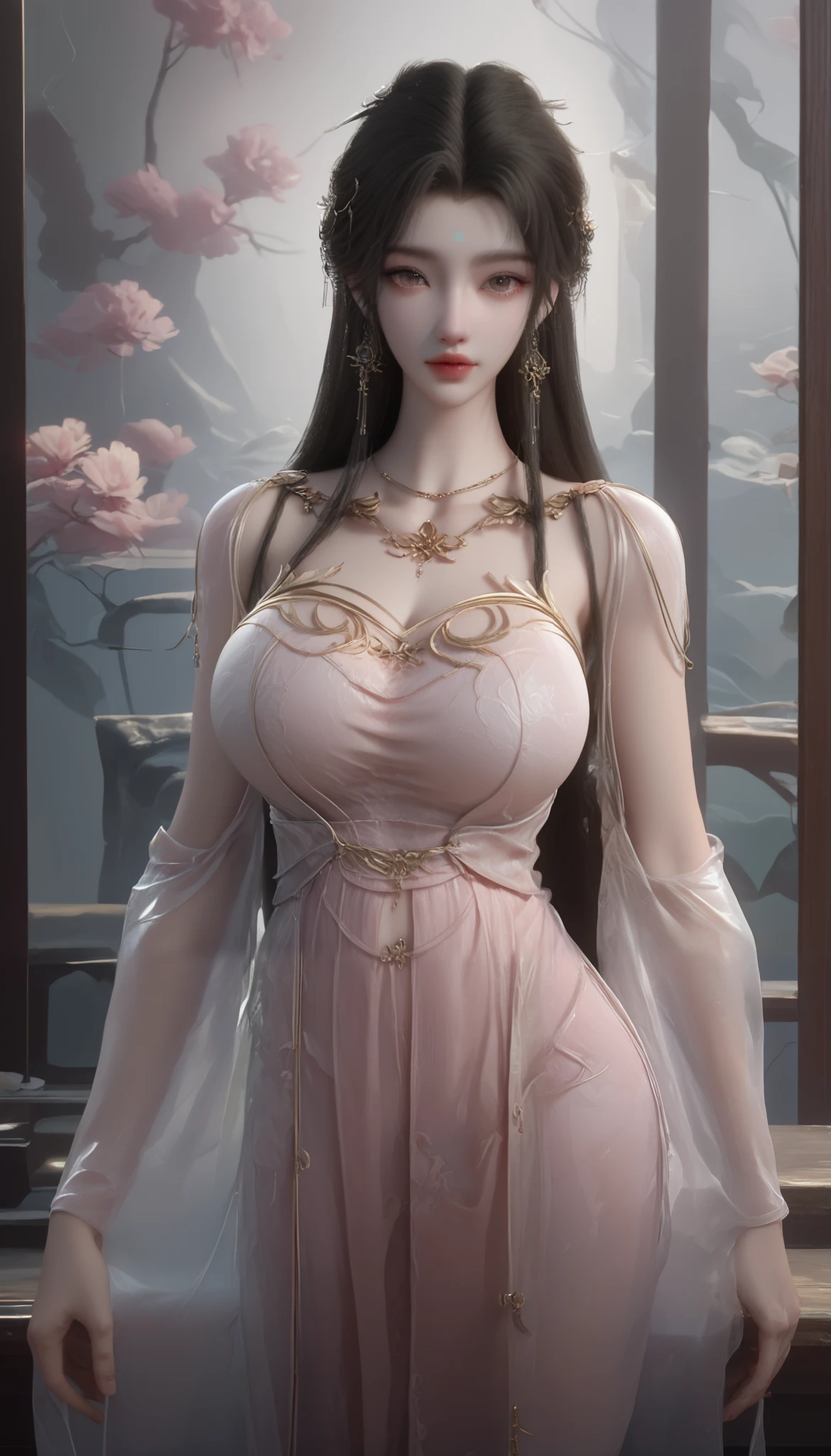 girl,solo,dress,earrings,jewelry,long hair, ancient female chinese clothes,looking at viewer , Chinese dress,brown eyes, black hair, sexy camisole, camisole like a pink see through cloth, revealing full thights and hip and venter, top quality, Masterpiece, Ultra High Resolution, High Definition RAW Color Photos , pro pics, natural skin texture, fine skin, hyperrealism, smiles,Earrings, gigantic breasts, slit dress, camisole, collarless dress