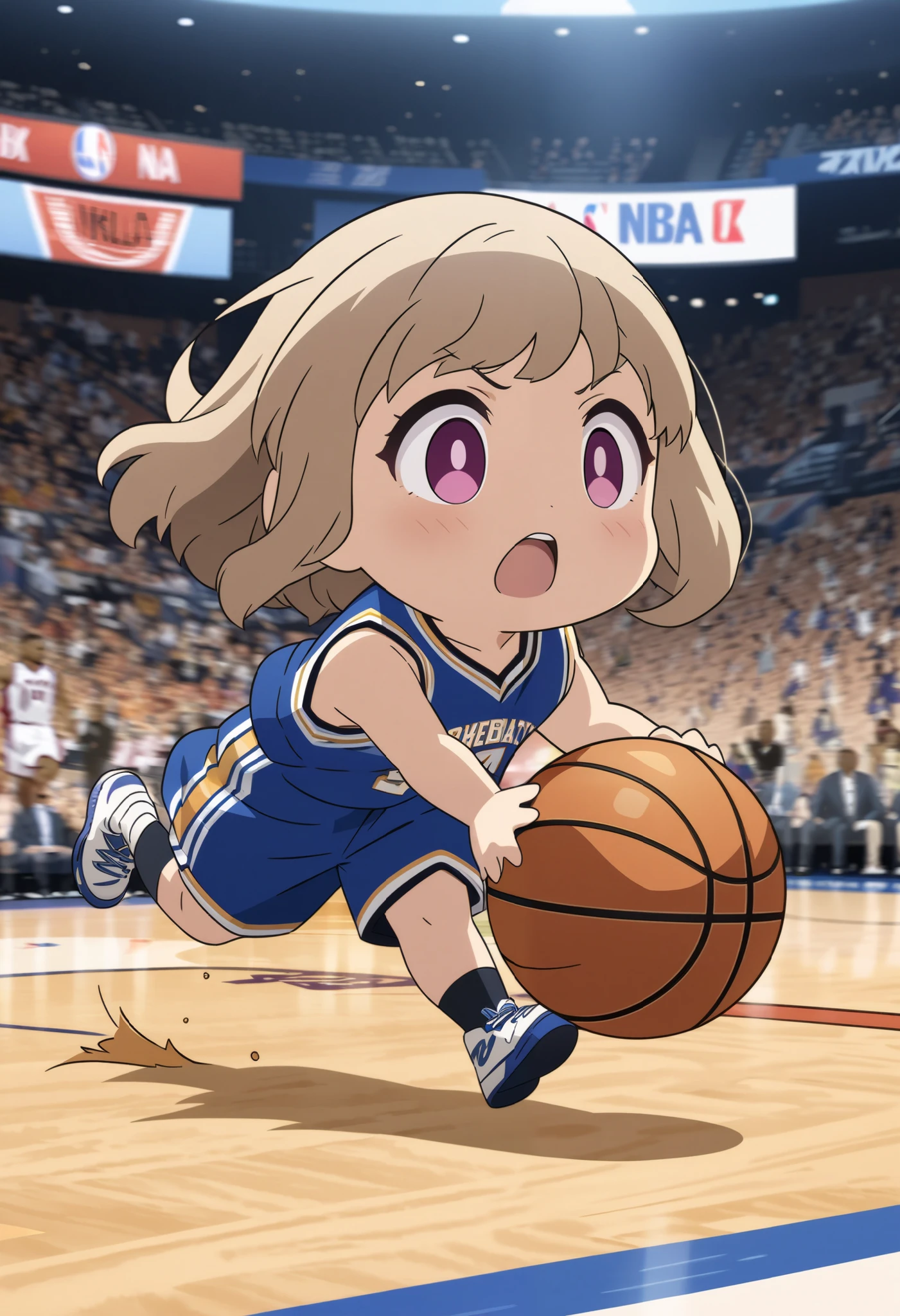 NBA, basketball game scene, cute chibi character the same size as the ball, running and dribbling the ball, anime style illustration, (motion blur, action blur:0.5), ultra detailed, absolutely resolution, masterpiece