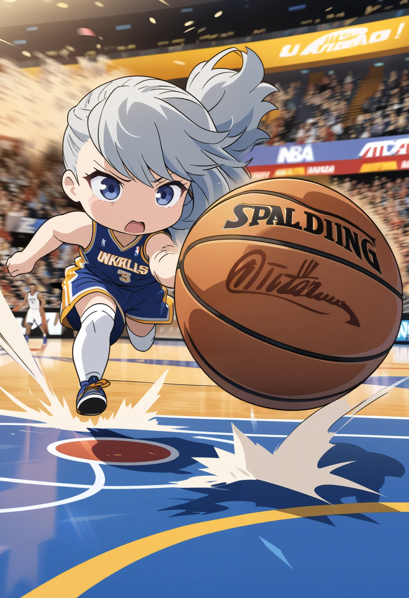 NBA, basketball game scene, cute chibi character the same size as the ball, running and dribbling the ball, anime style illustration, (motion blur, action blur:0.5), ultra detailed, absolutely resolution, masterpiece