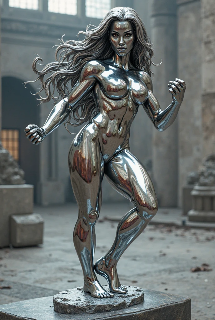 Sexy girl with long straight hair turned into a amphibolite statue