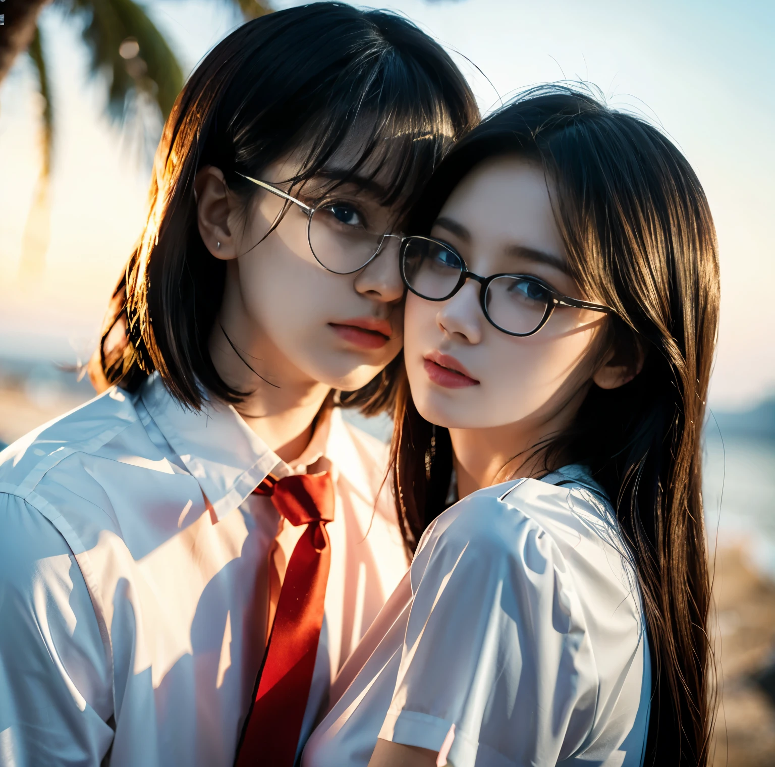 8K quality, pictures, Two beautiful men and beautiful women, Beautiful like a goddess, The backlight of the sunset is so dazzling that the characters are hazy, Above chest, (White blouse with red thin string ribbon tie), (Fine silver glasses:1.2), (Brilliant, beautiful, bright blue eyes), (Beautiful hair blowing in the wind), (Whitening skin like white porcelain), Half Up with Bangs, Photograph,