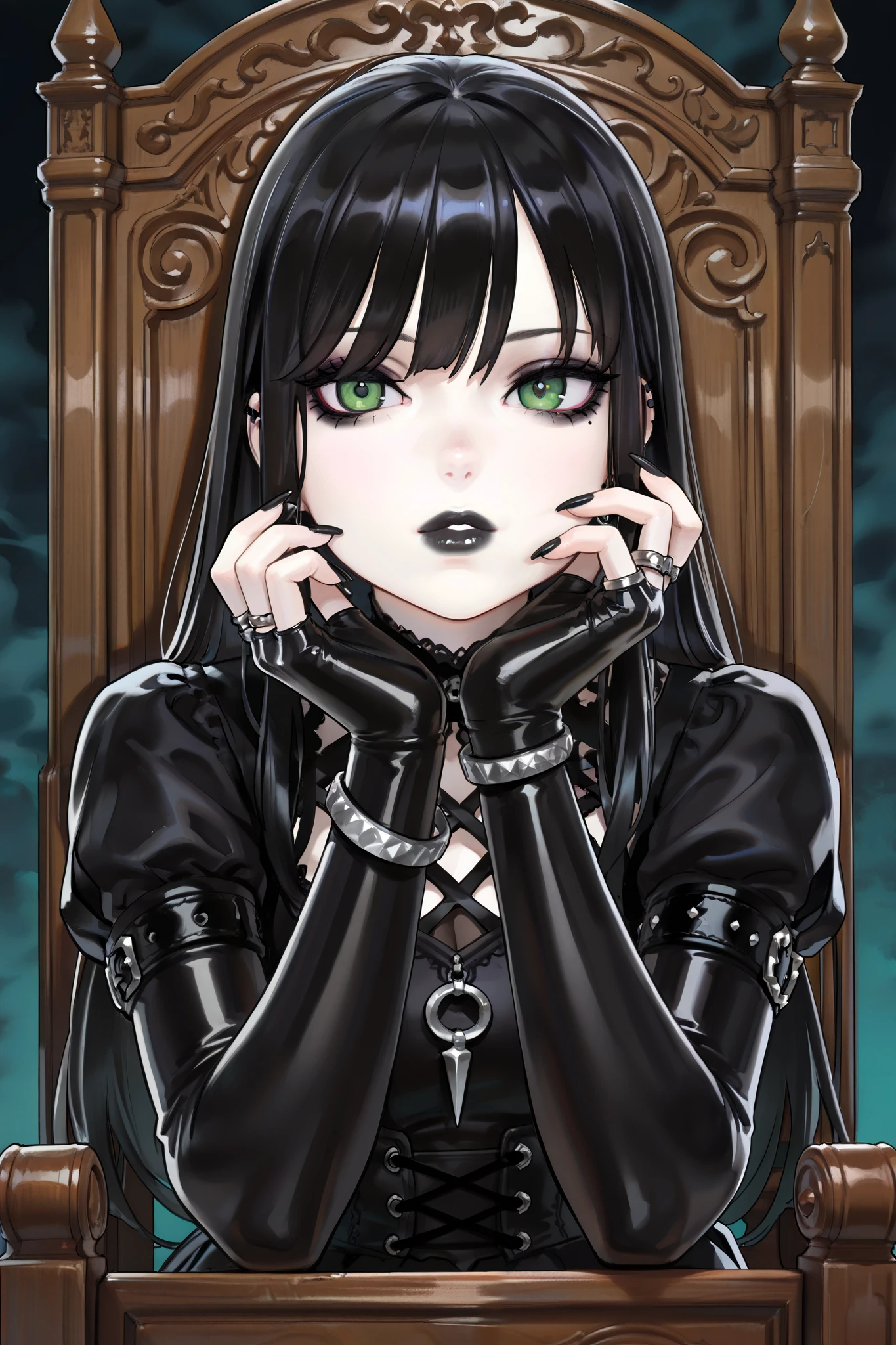 masterpiece, best quality, amazing quality, newest, very aesthetic, 1girl,Image is a digital illustration featuring a gothic style portrait of a woman seated on an ornate, wooden throne-like chair with intricate carvings. The subject has pale skin and long, straight black hair with a glossy sheen. Her facial expression is contemplative, with striking green eyes and bold, dark makeup, including black lipstick and eyeliner. She rests her chin on her gloved hands, which are adorned with multiple rings and bracelets, adding to her gothic aesthetic. The background features vertical, dark blue stripes, enhancing the dramatic and moody atmosphere of the composition.