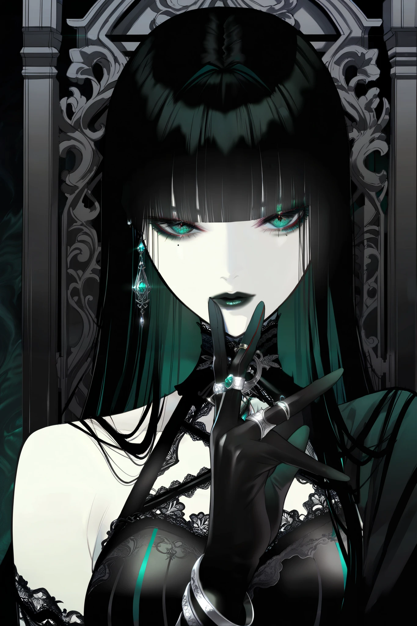 masterpiece, best quality, amazing quality, newest, very aesthetic, 1girl,Image is a digital illustration featuring a gothic style portrait of a woman seated on an ornate, wooden throne-like chair with intricate carvings. The subject has pale skin and long, straight black hair with a glossy sheen. Her facial expression is contemplative, with striking green eyes and bold, dark makeup, including black lipstick and eyeliner. She rests her chin on her gloved hands, which are adorned with multiple rings and bracelets, adding to her gothic aesthetic. The background features vertical, dark blue stripes, enhancing the dramatic and moody atmosphere of the composition.