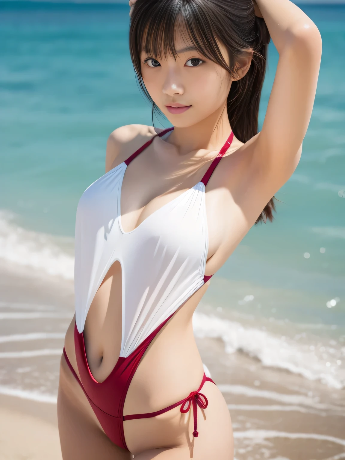 ((Slingshot swimwear:1.5))、(nude:1.5)、Big Breasts、(Exposed navel:1.2)、(Cameltoe:1.3)、Panties digging into the crotch、Panty shot、(8k、RAW Photos、Highest quality、masterpiece:1.2)、(Real、Photorealistic:1.37)、Super detailed、Ultra-high resolution、12 year old 、Look at the viewer、美しくDetailed face、smile、narrow、(Narrow waist:1.3)、beautifully detailed skin、Skin Texture、Floating Hair、Professional Lighting、short hair、かわいいsmile、Standing Upright、Look at the viewer、Detailed eyes、Anatomically correct body、Detailed face、T-shape in the crotch_Panties are digging in、Big Breasts、School Swimsuit、Gray background、(Blue eyeshadow)、Red lipstick、(Look sexy)、Thighs、Pointed nipples、Large Breasts、Large Breasts、 Look at the sea、Watching from behind、Butt、