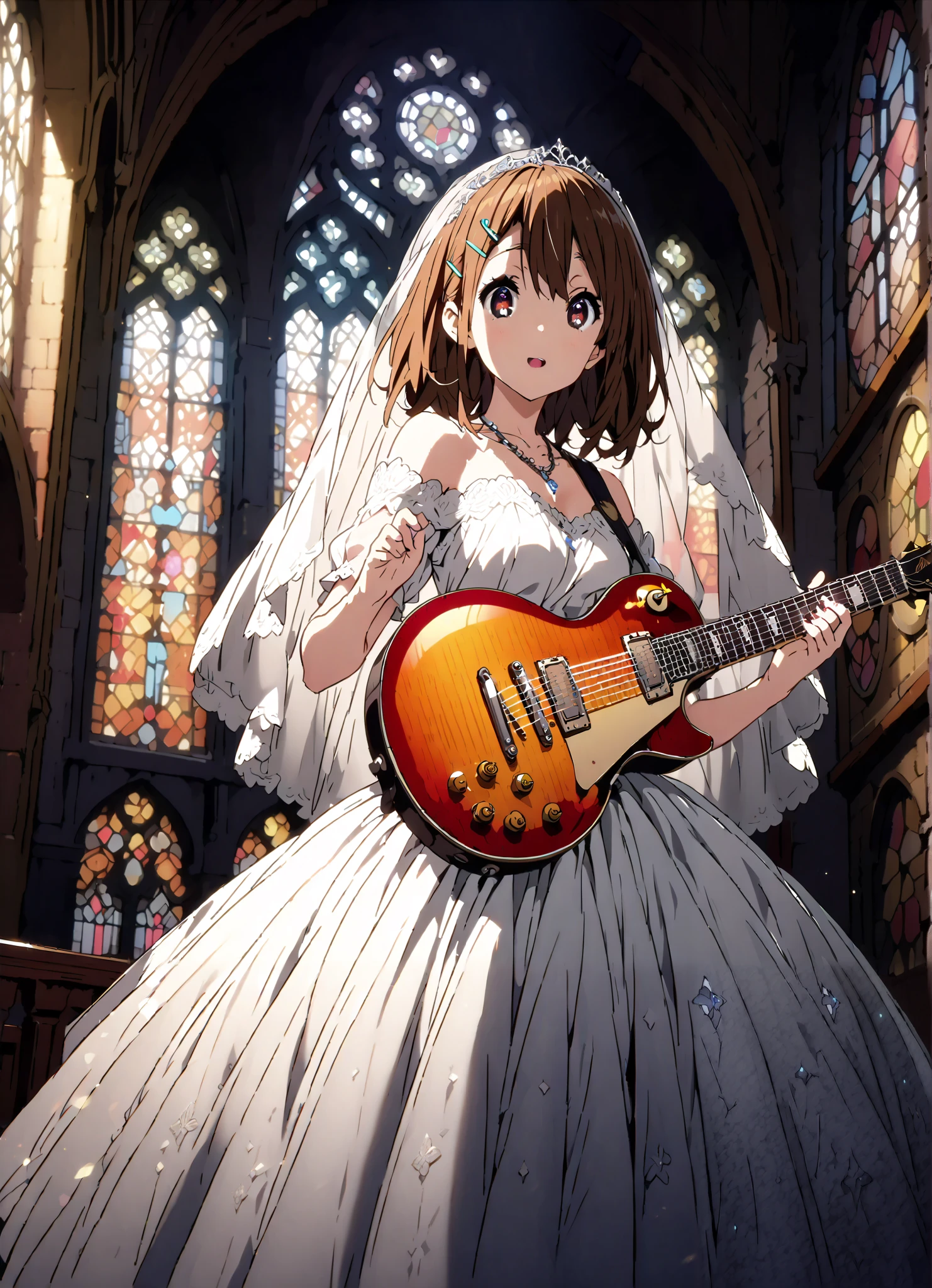 Plane, Plane, brown eyes, brown hair, hair ornament, hair clips, medium hair,Veil,necklace,Off Shoulder Wedding Dress,Short sleeve,guitar( Gibson Les Paul) , Instrument playing, Stage Performance ,Sing in front of the microphone, Play in front of the microphone,is standing,smile,cover,open your mouth wide,stained glass,full bodyがillustrationsに入るように,break indoors,Chapel,church,
break looking at viewer,full body,
break (masterpiece:1.2), Highest quality, high resolution, Unity 8k 壁紙, (illustrations:0.8), (beautiful detailed eyes:1.6), very detailed face, so that it fits into the illustration, extremely detailed CG,(perfect hand, perfect anatomy),