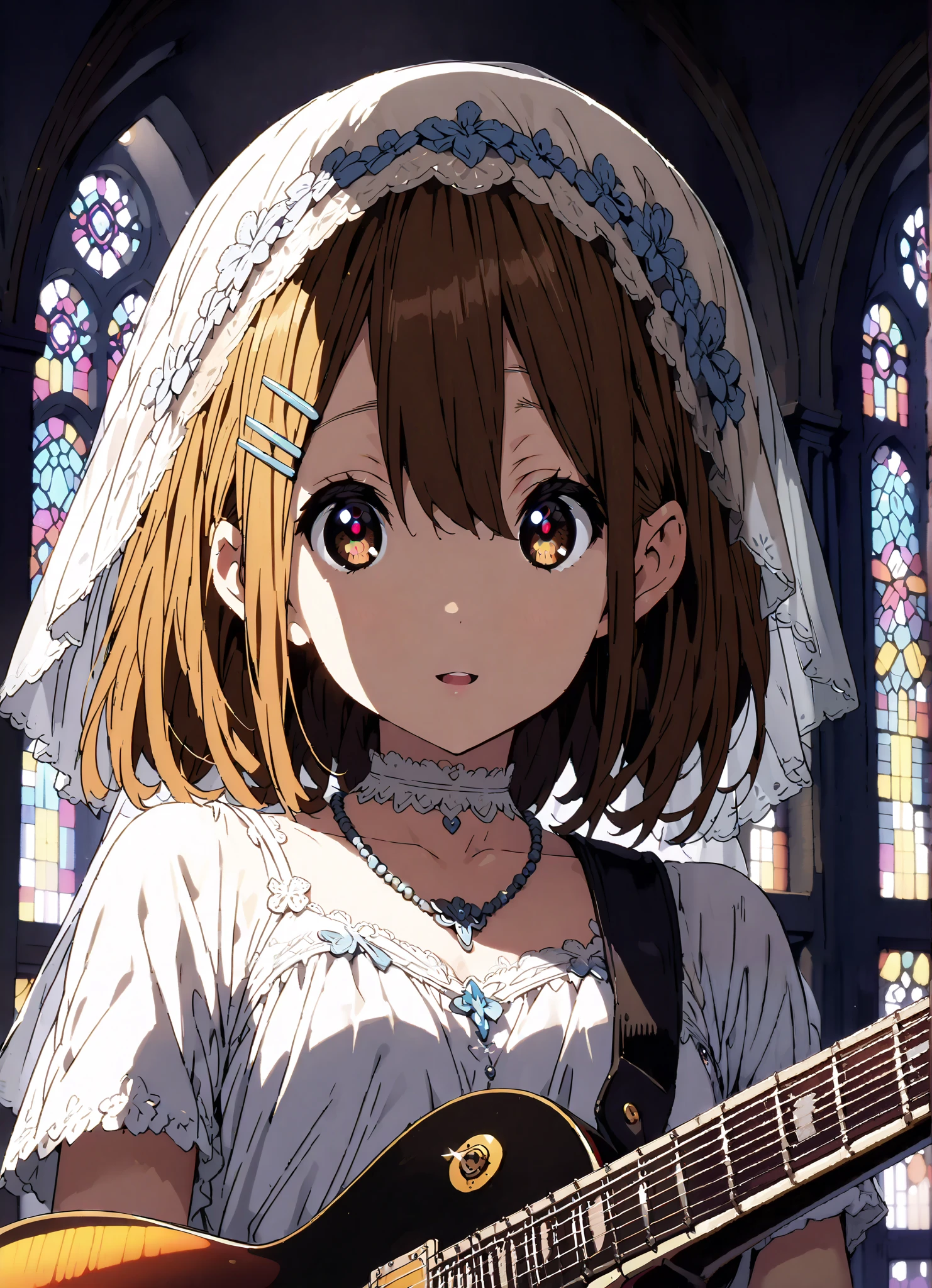 Plane, Plane, brown eyes, brown hair, hair ornament, hair clips,  medium hair,Veil,necklace,Off Shoulder Wedding Dress,Short sleeve,guitar( Gibson Les Paul) , Instrument playing, Stage Performance ,Sing in front of the microphone, Play in front of the microphone,is standing,smile,cover,open your mouth wide,stained glass,full bodyがillustrationsに入るように,break indoors,Chapel,church,
break looking at viewer,full body,
break (masterpiece:1.2), Highest quality, high resolution, Unity 8k 壁紙, (illustrations:0.8), (beautiful detailed eyes:1.6), very detailed face,  so that it fits into the illustration, extremely detailed CG,(perfect hand, perfect anatomy),