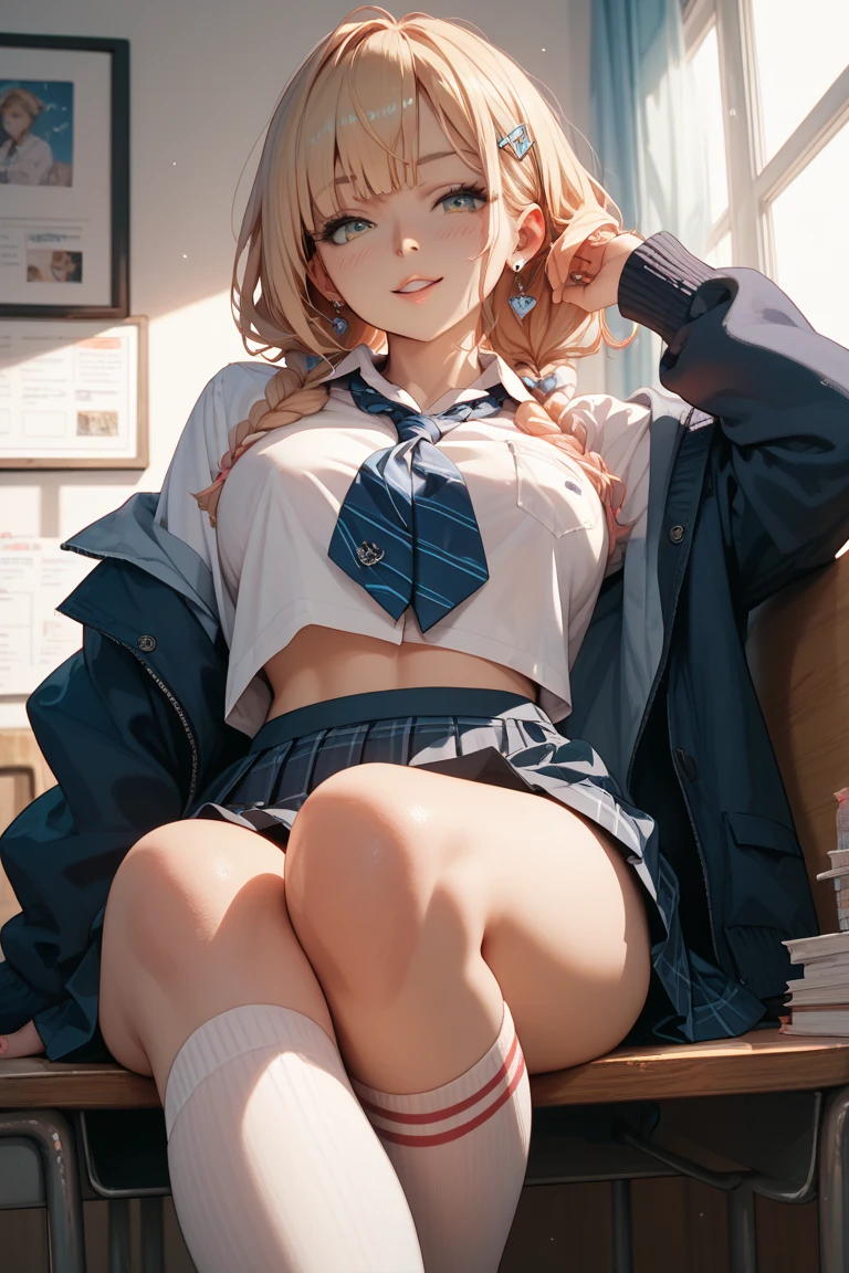 ((Nipples are visible)),((high school girl)),((school uniform)),((White blouse)),(((Pleated mini skirt))), ((A shy smile)),((Beautiful legs)),((Beautiful feet)),((Lace panties)),((Lace bra)),Ultra-high resolution, Mature Woman, Mature Woman, Very detailed, ((Small breasts)), Perfect hands, Detailed fingers, Beautiful details, (((school uniform))),((Long blonde hair)),((Twin tails)),Black choker, Earrings,loafers,(Black Pantyhose), (Black Stockings),Perfect Eyes, Seductive eyes, School classroom,Sit on a chair,Spread your legs wide