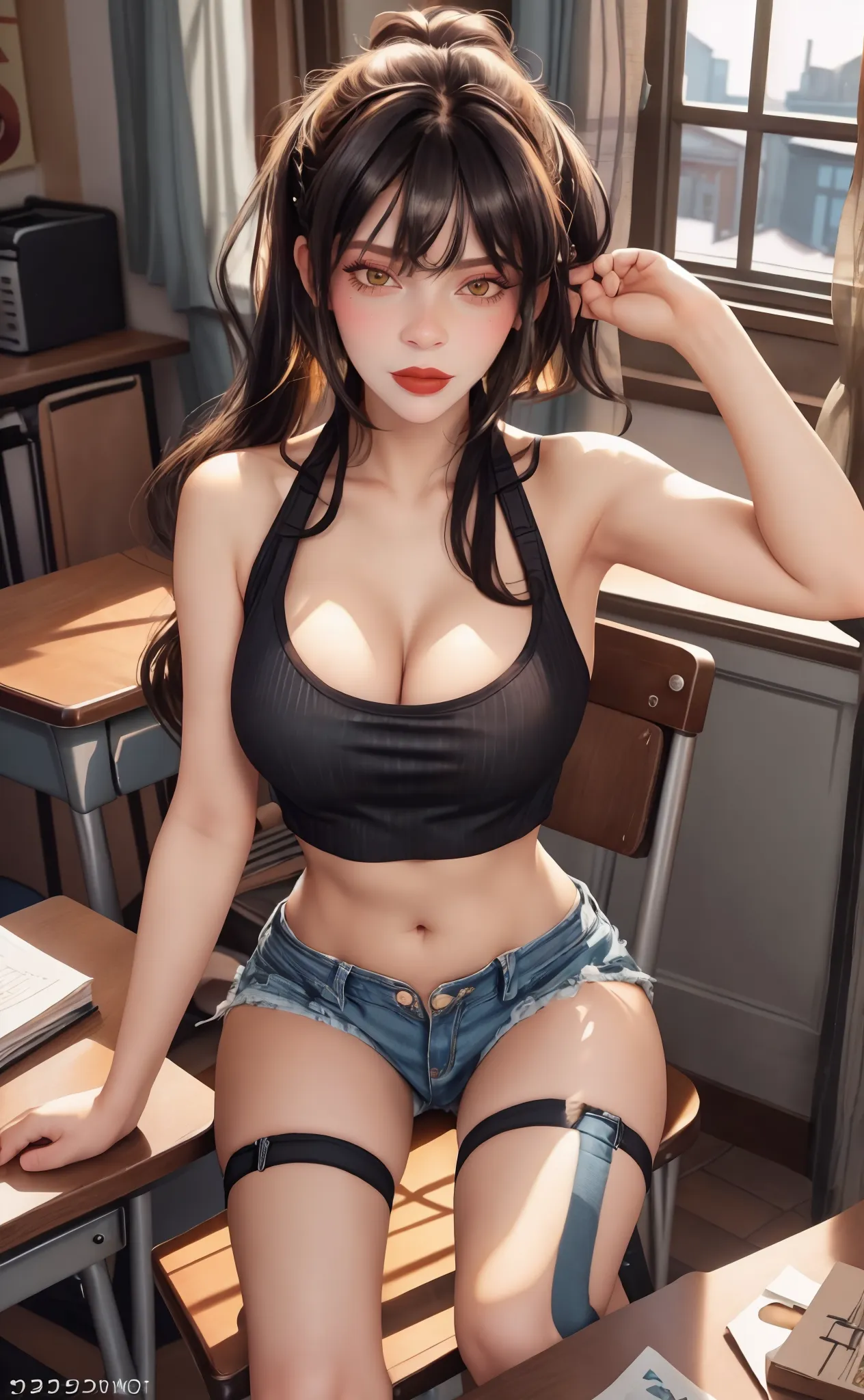 A woman in a bikini、Eighteen-year-old young woman with long purple hair sitting in the classroom (school 1.5 in the background) (Serious expression, cold 1.5) (best quality: 1.1) (masterpiece: 1.3) with an unparalleled masterpiece, Surreal 8K, perfect work of art, Super details, best quality, masterpiece 4K wallpaper aesthetics, masterpiece, Award-winning artwork, official art, movie lighting