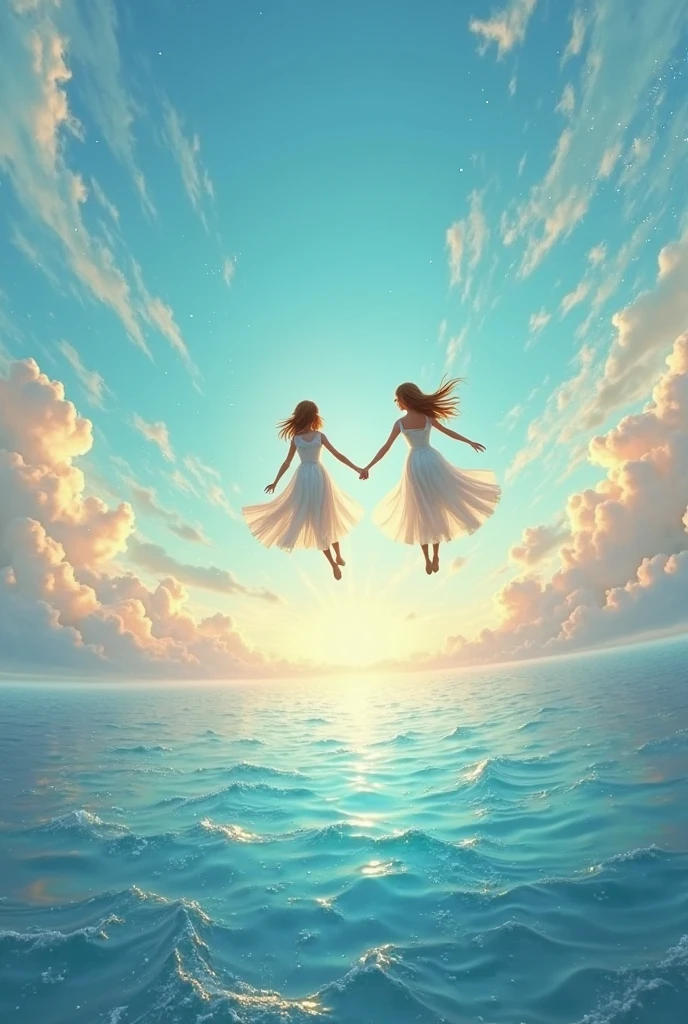 Surreal and fantasy scenes, People gliding through a colorful rainbow on the beach, happy, summer sky,