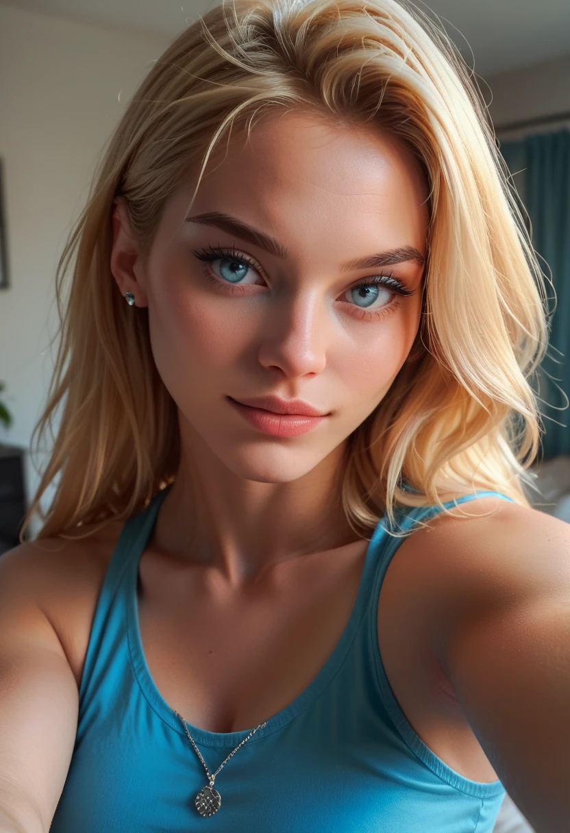 femme pleinement , fille sexy aux yeux bleus, Ultra réaliste, minutieusement détaillé, cheveux blonds et grands yeux, selfie d une jeune femme, yeux de la chambre, sans maquillage, maquillage naturel, regarder directement la caméra, visage avec artgram, maquillage subtil, superbe photo de tout le corps à genoux sur le lit, dans la chambre, buste de taille moyenne à grande, corps entier 