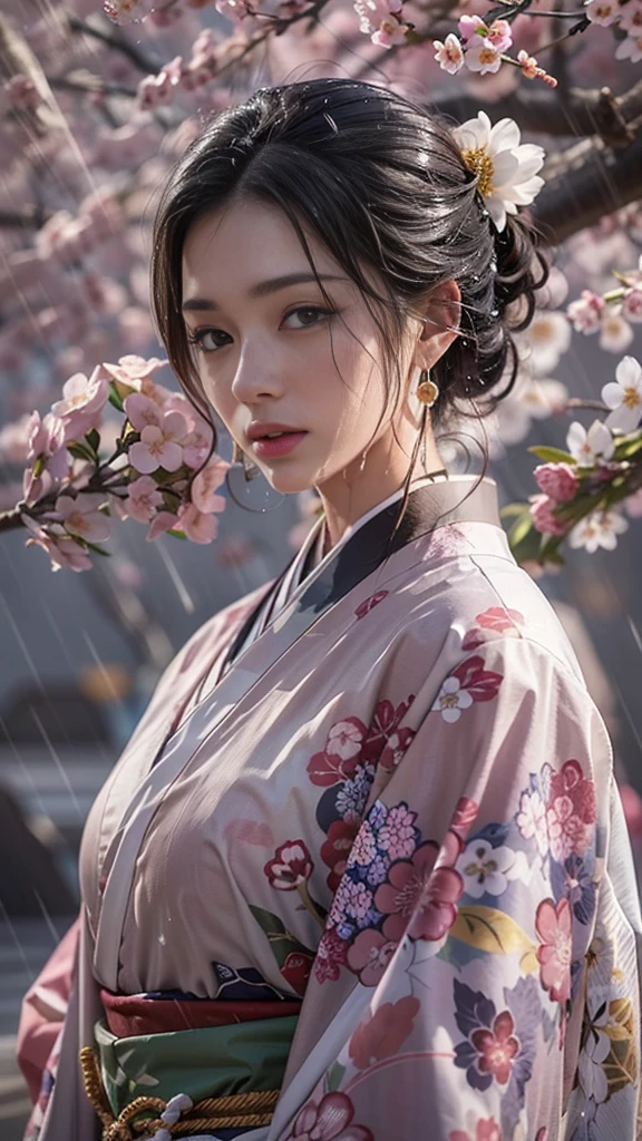 (32K, BEST QUALITY, masterpiece, photorealistic on the bed, super high resolution), ((Cherry Blossom Petals, Big Cherry Blossom Tree)), Highly Detailed Skin and Face Textures:1.3, perfect dynamic composition:1.4, (the night before a shrine in a modern city, Expressions of joy:0.8, crying, Aching Heart :1.0), after the rain, slim woman, white skin, wet body, wet hair, (Wearing a professional kimono, Holding a bouquet of wet cherry blossoms, wet white kimono),  beauty, perfect style, beautiful and aesthetic, medium ,   gap, (very pretty face:1.0, Beautiful  eyes:0.8, Overly sensual:0.8, enchanting:0.8), earrings, wedding ring, Water droplets on skin