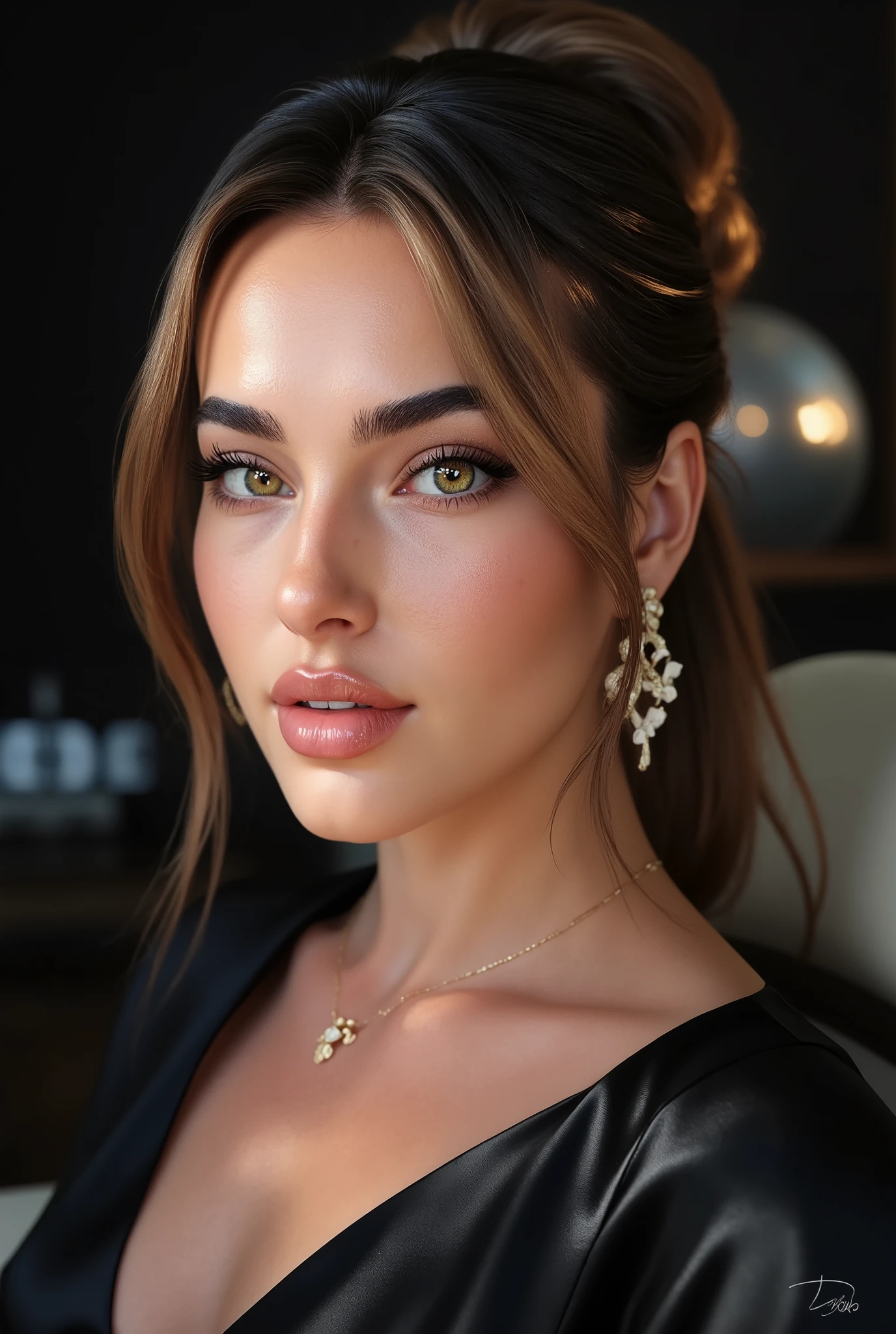 izabela ion, hair tied in a bun, close-up portrait, young woman with serious expression, elegant bun, piercing eyes, pale skin, minimal makeup, serious facial expression, natural lighting, detailed facial features, professional portrait, 8K, high resolution, photorealistic, ultra-detailed, dark background,cinematic lighting,dramatic lighting,natural skin tones,realistic skin texture,intricate hairstyle,elegant fashion,chiaroscuro