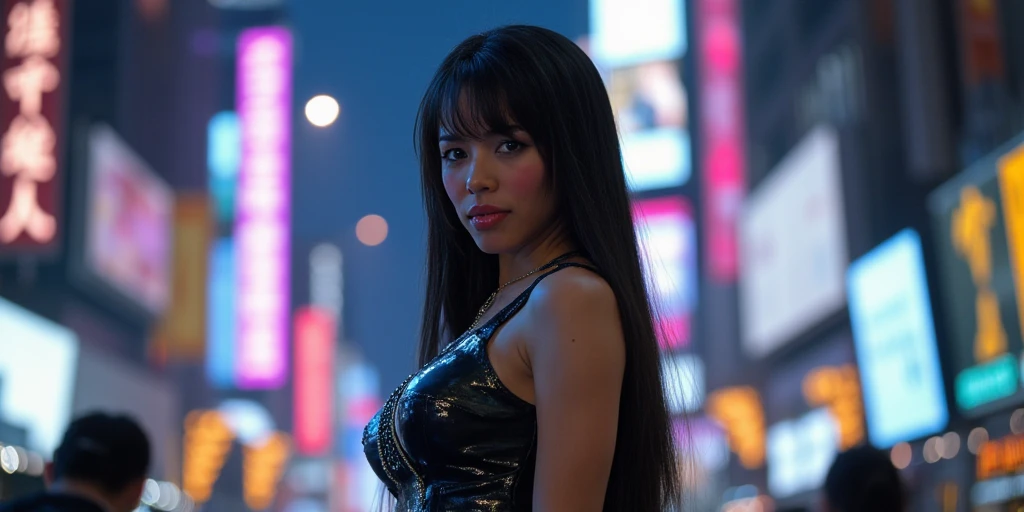 Close-up, Uma linda garota japonesa da moda elegante, cabelo curto, seios enormes, cleavage, roupa esfarrapada, batom, roupa punk, roupa rosa, batom, action movie scene, Jantar Distópico Cinematic Blade Runner, noite, movimentado com sinais de neon, blade runner aesthetics, lotado de pessoas, cinematografia de filmes, gangue trash, pessoa atraente, High emphasis on detail, vestindo equipamentos de tecnologia do tempo, gangue trash, Vida noturna, cheio de vida, gangue trash, action movie shot by Kon Satoshi, estilo Semi Impasto, tinta escura, Atmospheric, brilhante, lighting dramatic, olhos bonitos, symmetric eyes, olhos perfeitos