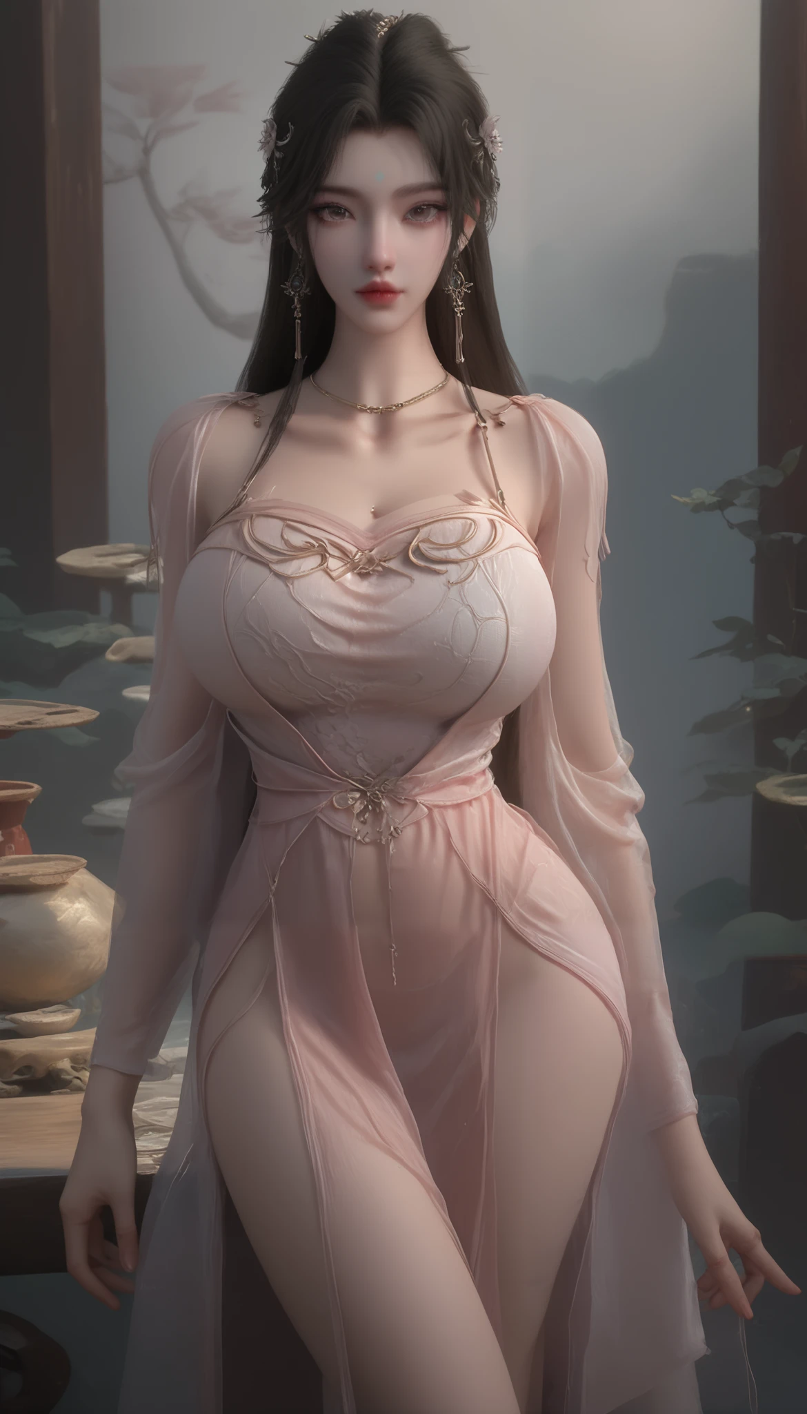 girl,solo,dress,earrings,jewelry,long hair, ancient female chinese clothes,looking at viewer , Chinese dress,brown eyes, black hair, sexy camisole, camisole like a pink see through cloth, revealing full thights and hip and venter, top quality, Masterpiece, Ultra High Resolution, High Definition RAW Color Photos , pro pics, natural skin texture, fine skin, hyperrealism, smiles,Earrings, gigantic breasts, slit dress, camisole, collarless dress
