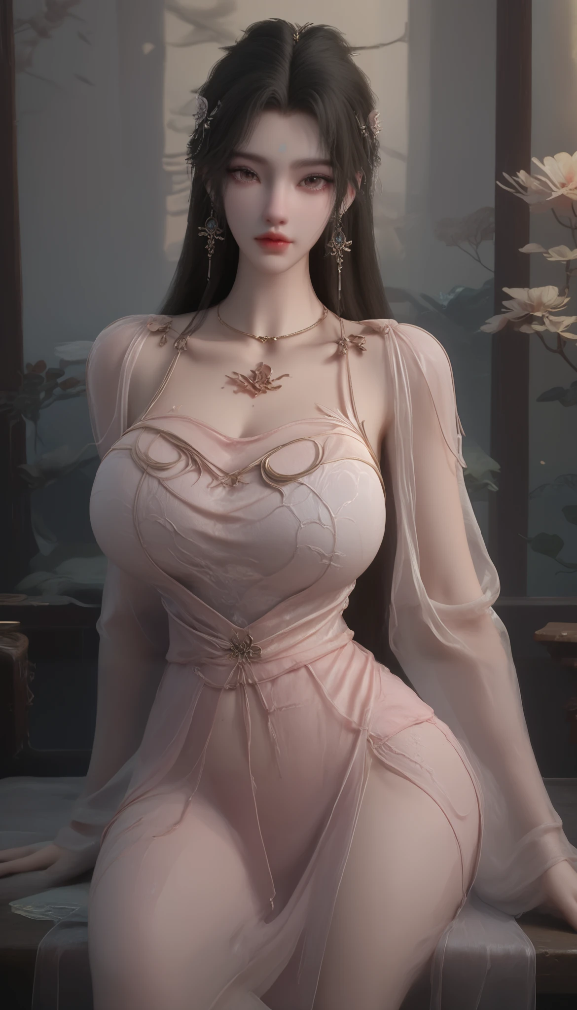 girl,solo,dress,earrings,jewelry,long hair, ancient female chinese clothes,looking at viewer , Chinese dress,brown eyes, black hair, sexy camisole, camisole like a pink see through cloth, revealing full thights and hip and venter, top quality, Masterpiece, Ultra High Resolution, High Definition RAW Color Photos , pro pics, natural skin texture, fine skin, hyperrealism, smiles,Earrings, gigantic breasts, slit dress, camisole, collarless dress