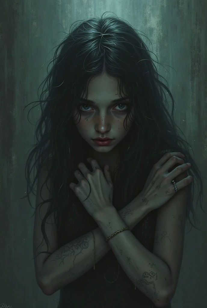 low saturated bright paste pastel coloring illustration, Imagine the background to be in an overall mandala shape a grotesque tableau of discordant chaos, a surreal fusion of jagged lines, blistering colors, and eerie textures. A young woman with bioluminescent long hair and blunt abngs infront of it facing sideways.