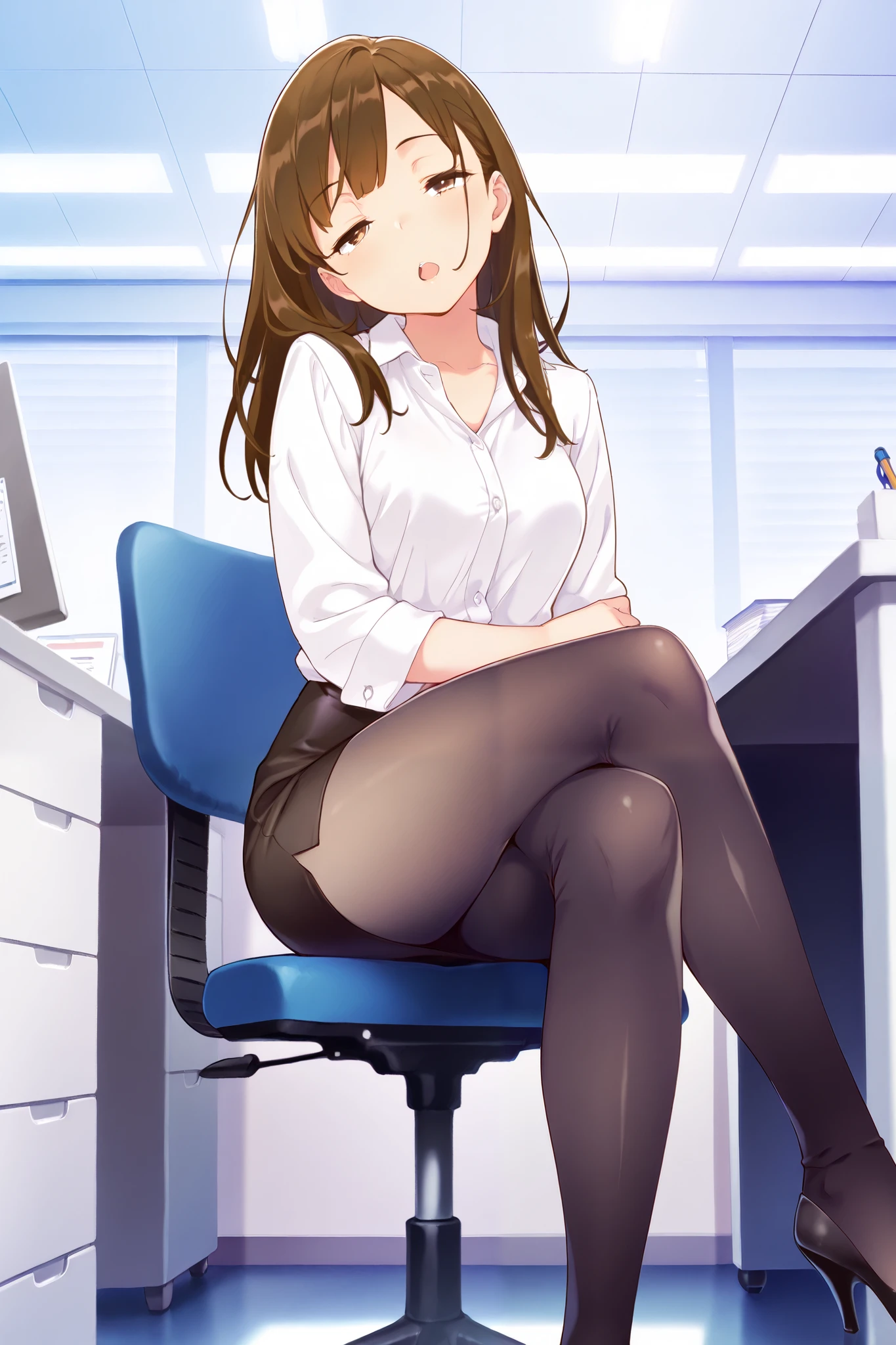 masterpiece, best quality, 1girl, {sleepy:3.0}, {tights:4.0}, {crossed eyes:0.1}, long hair, brown hair, pencil skirt, dress shirt, black legwear, open mouth,official art, head tilt, high heels, official art, anime, office, sitting, crossed legs, sleep bubbles