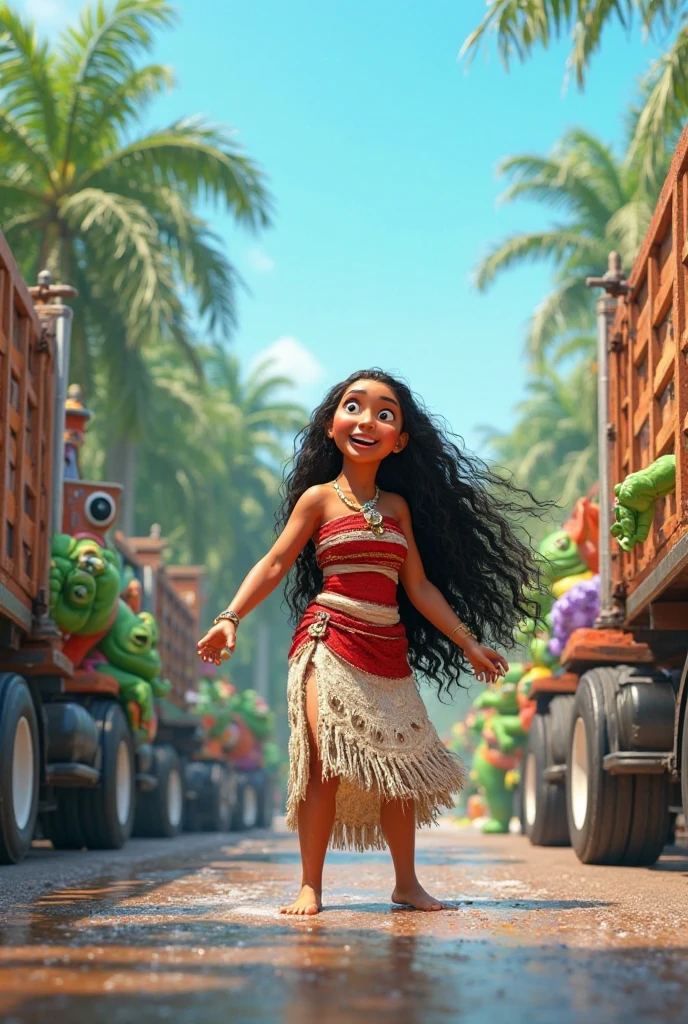 Latina girl reciting at the kiosk in the square in an Amazonian village, Pixar style drawing